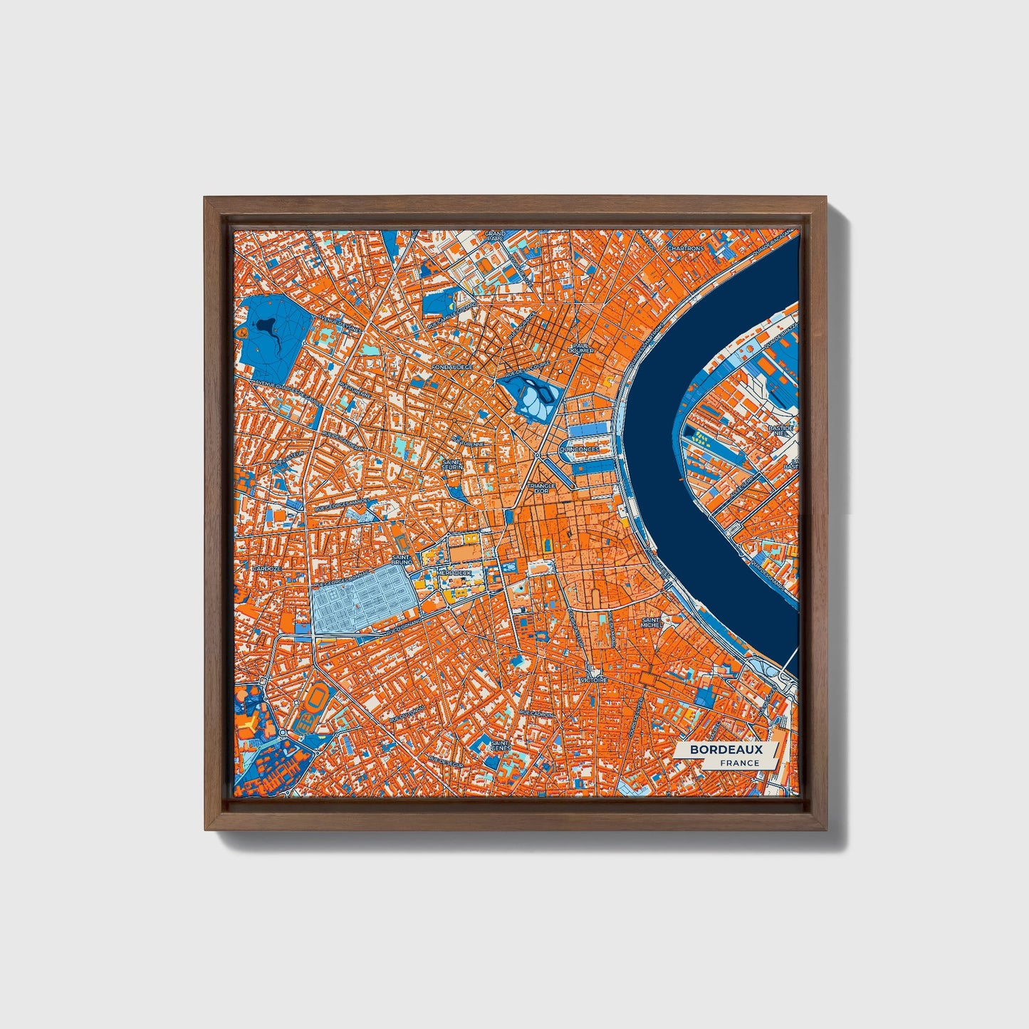 Bordeaux France Colorful City Map Canvas Print • Dark Wooden Framed