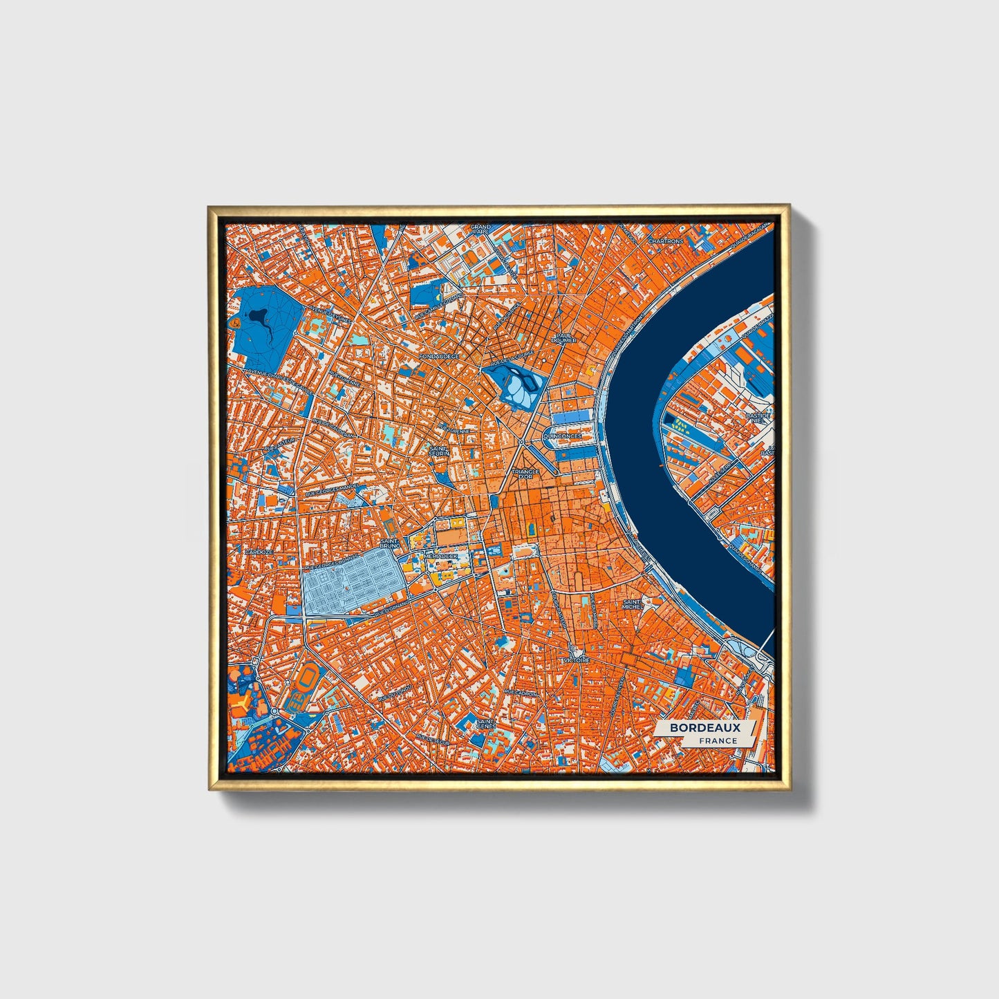 Bordeaux France Colorful City Map Canvas Print • Gold Framed