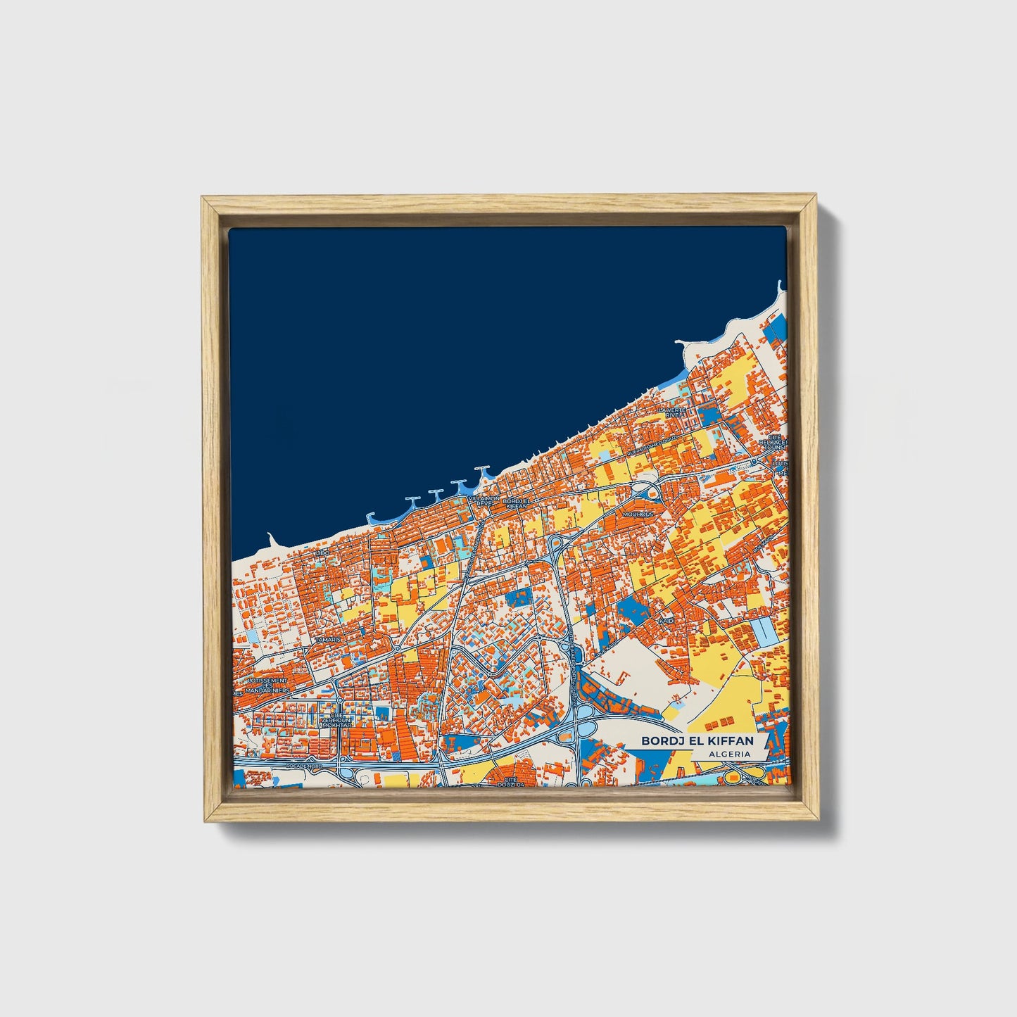 Bordj El Kiffan Algeria Colorful City Map Canvas Print • Natural Wooden Framed