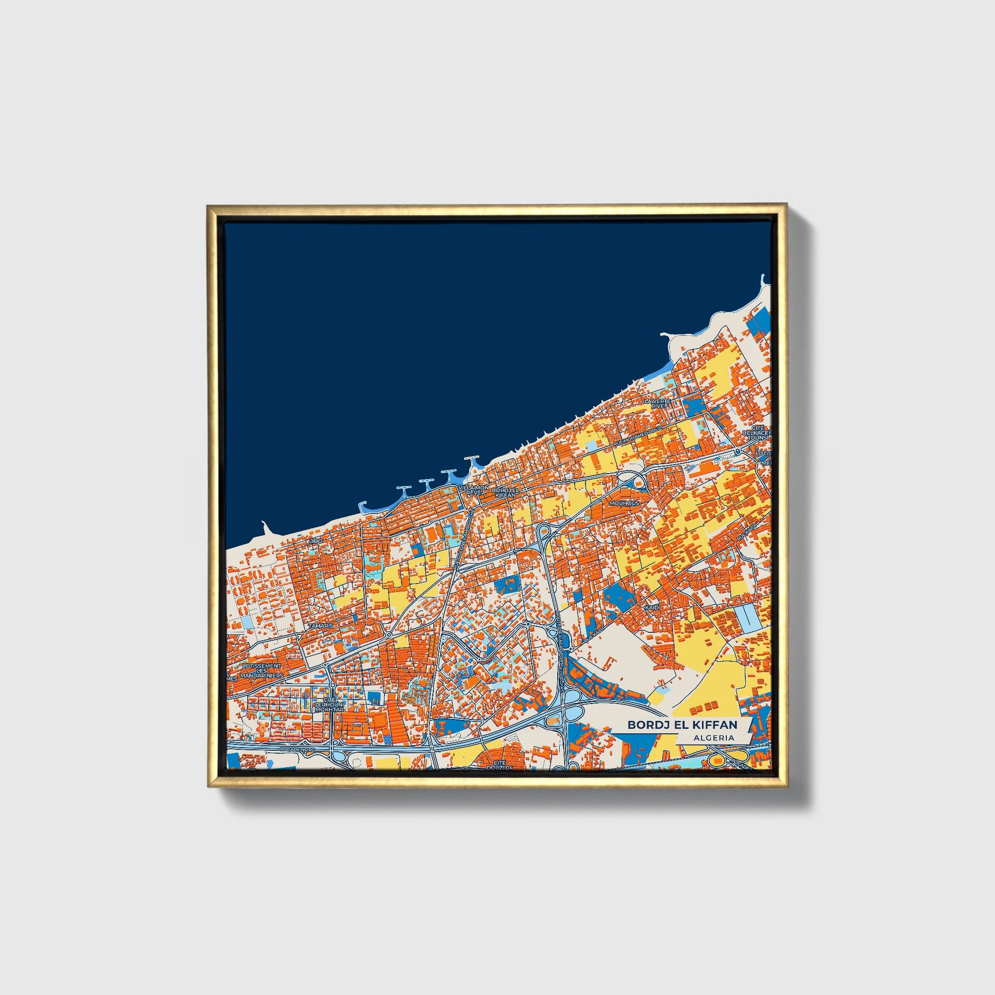 Bordj El Kiffan Algeria Colorful City Map Canvas Print • Gold Framed