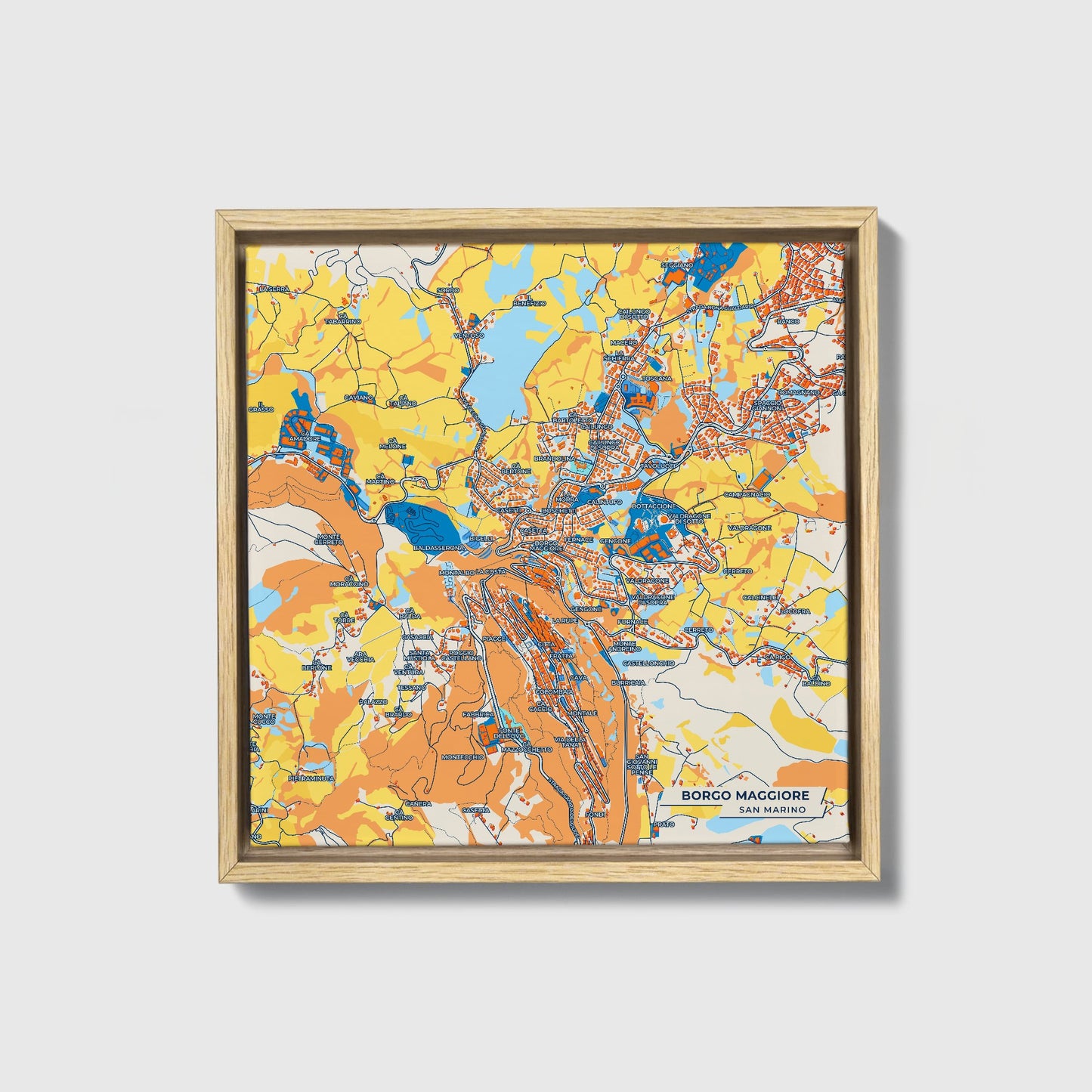  Borgo Maggiore San Marino Colorful City Map Canvas Print • Natural Wooden Framed