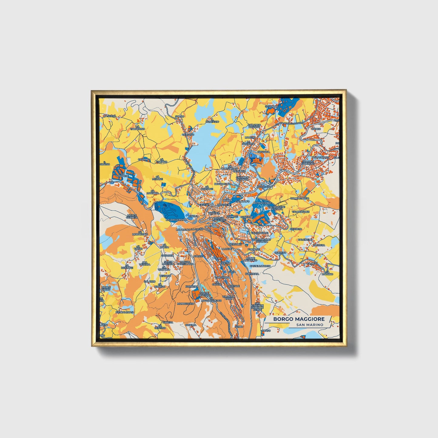  Borgo Maggiore San Marino Colorful City Map Canvas Print • Gold Framed