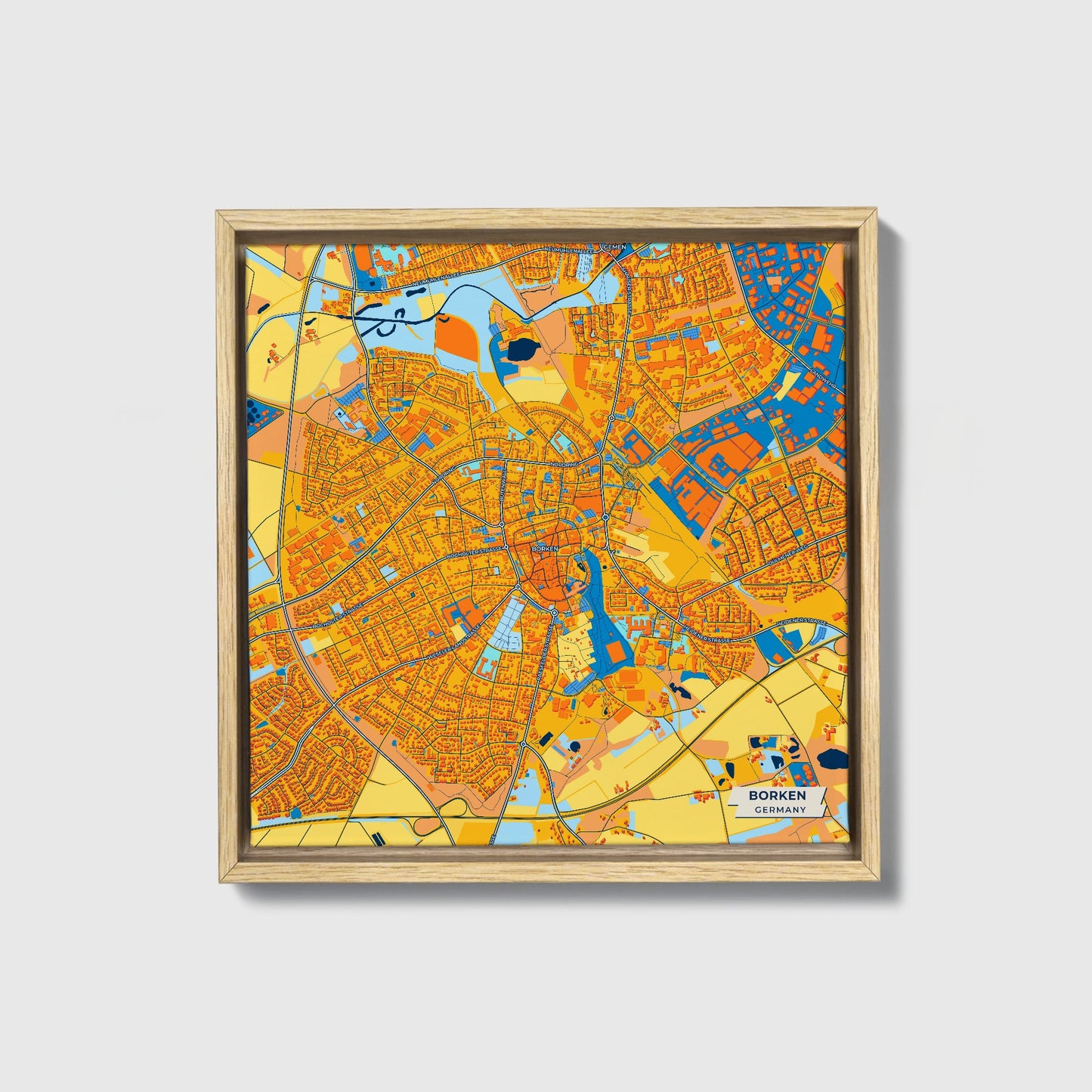 Borken Germany Colorful City Map Canvas Print • Natural Wooden Framed
