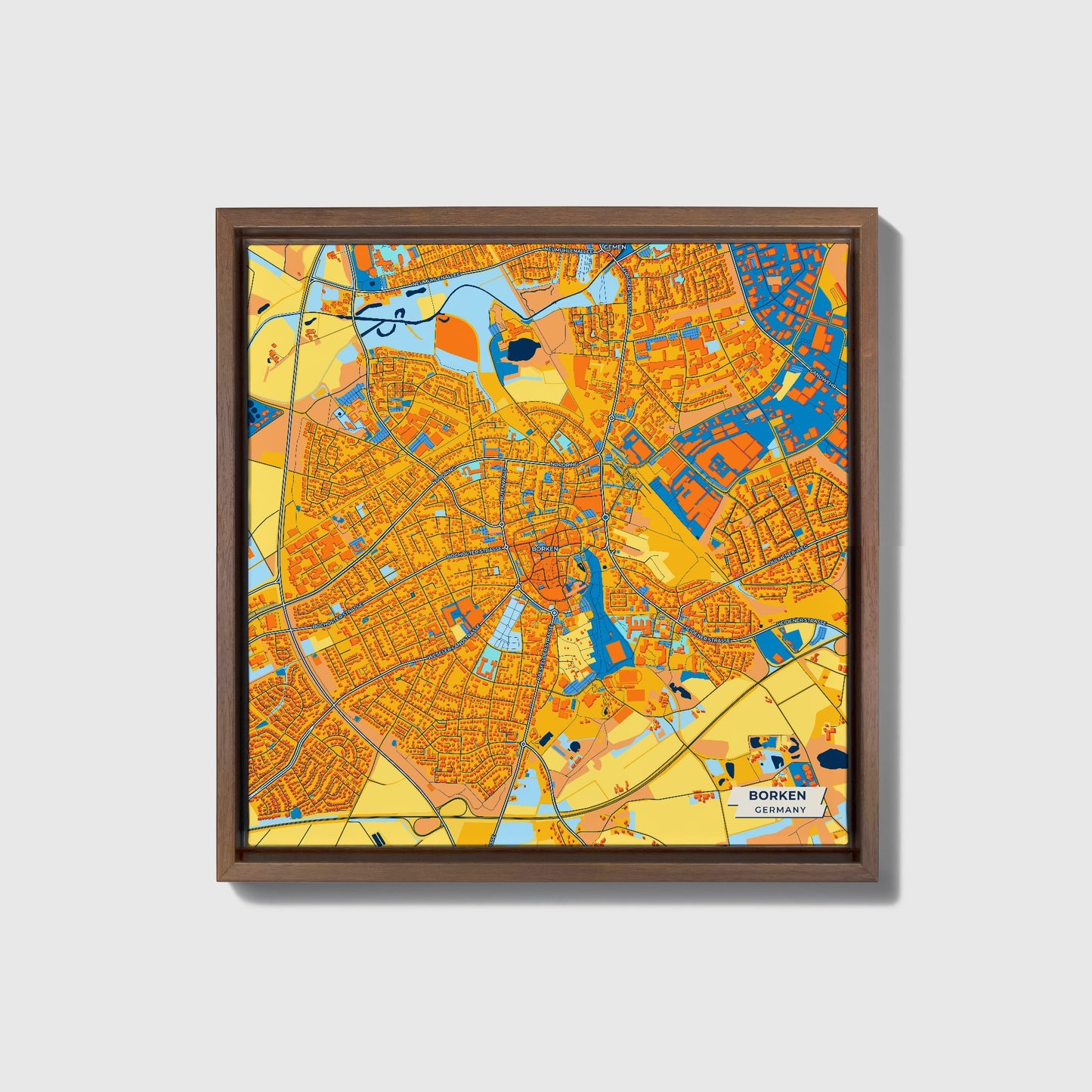 Borken Germany Colorful City Map Canvas Print • Dark Wooden Framed