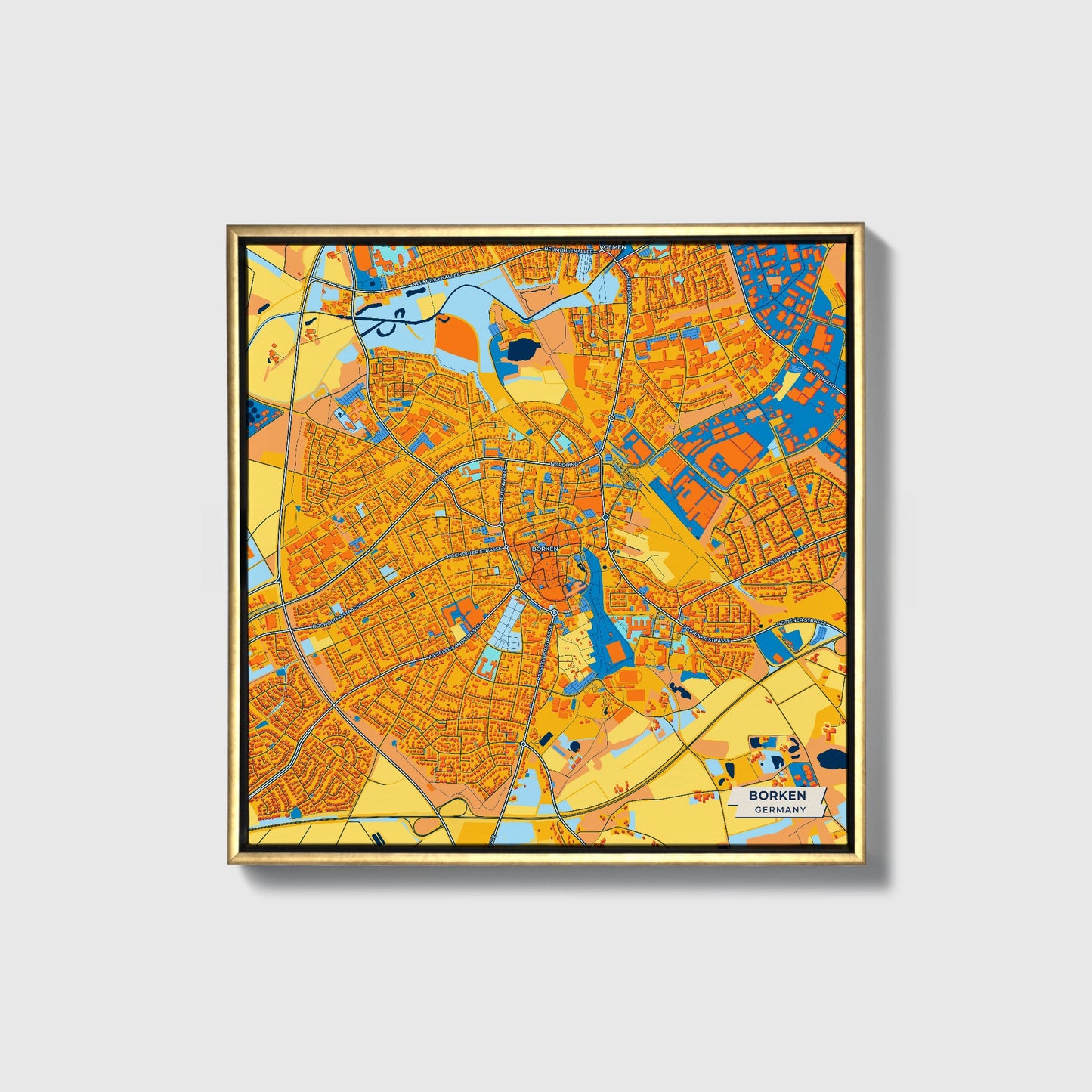 Borken Germany Colorful City Map Canvas Print • Gold Framed