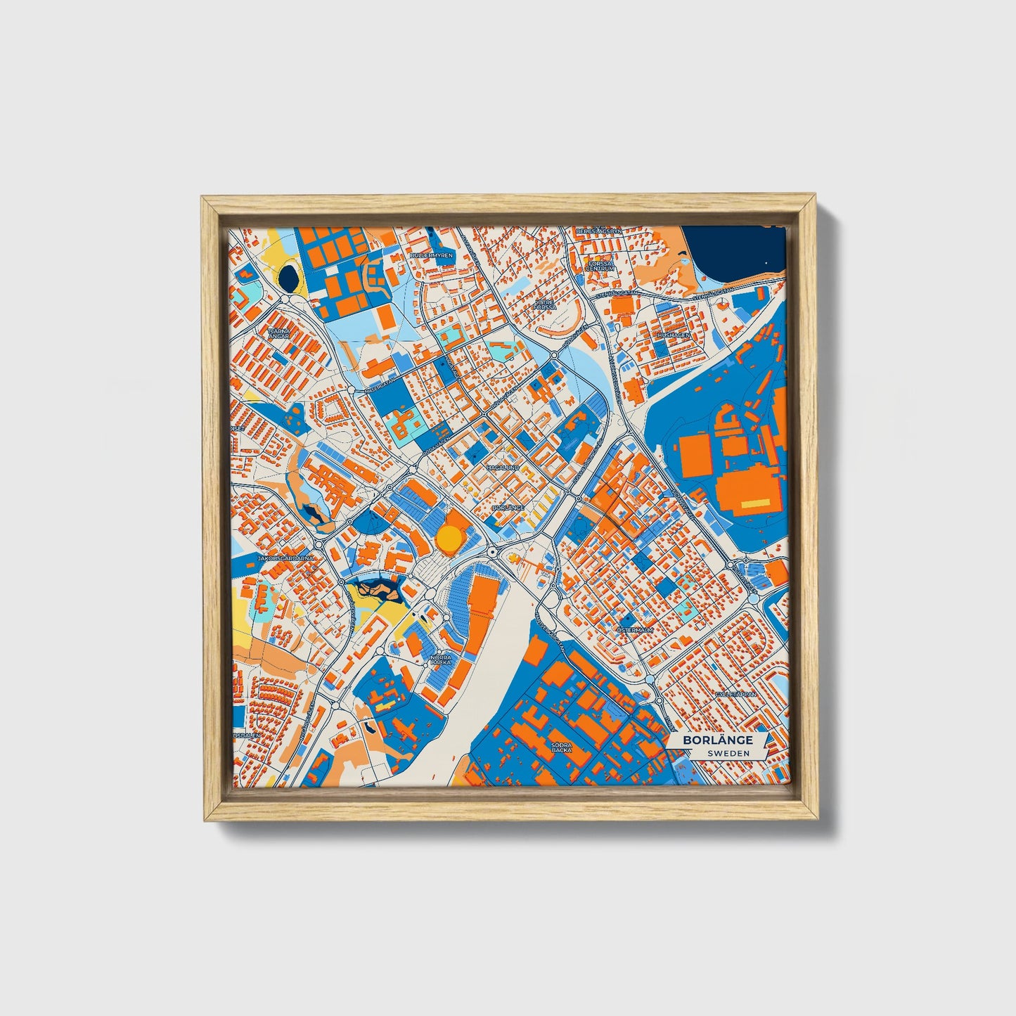 Borlänge Sweden Colorful City Map Canvas Print • Natural Wooden Framed