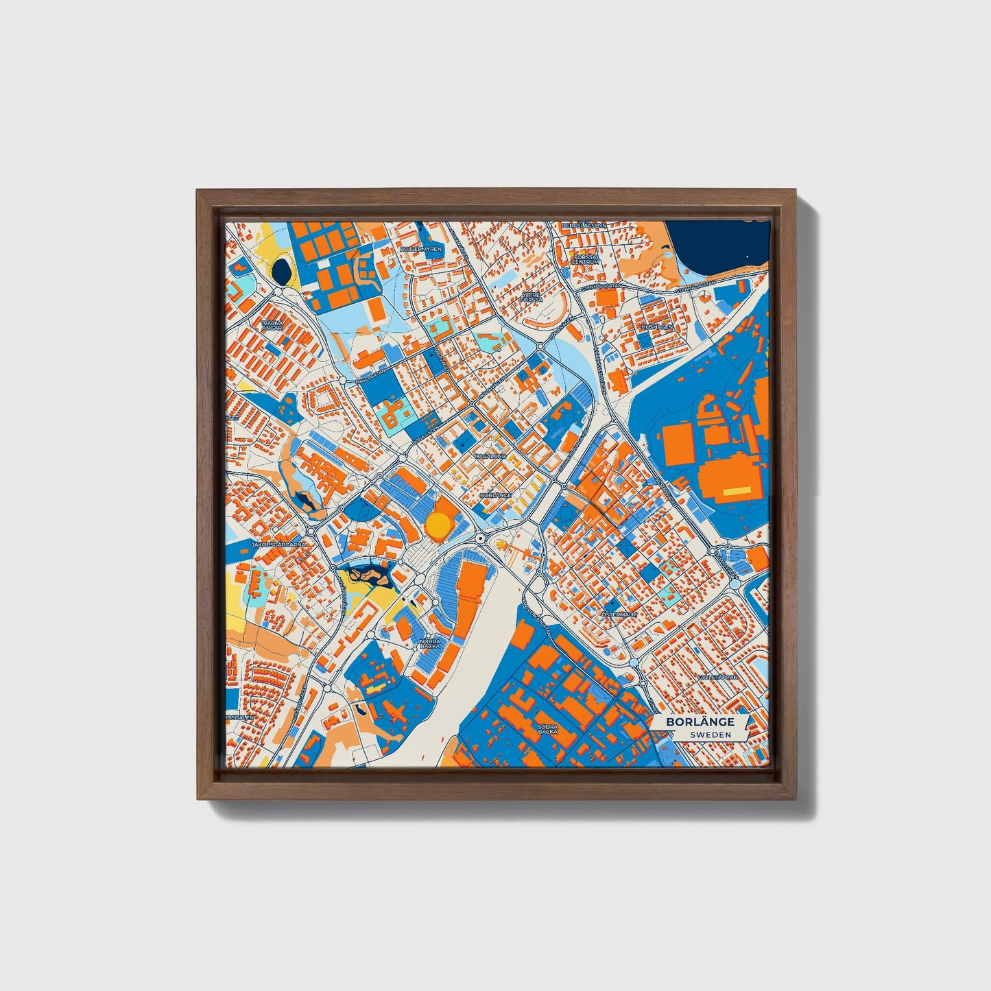 Borlänge Sweden Colorful City Map Canvas Print • Dark Wooden Framed