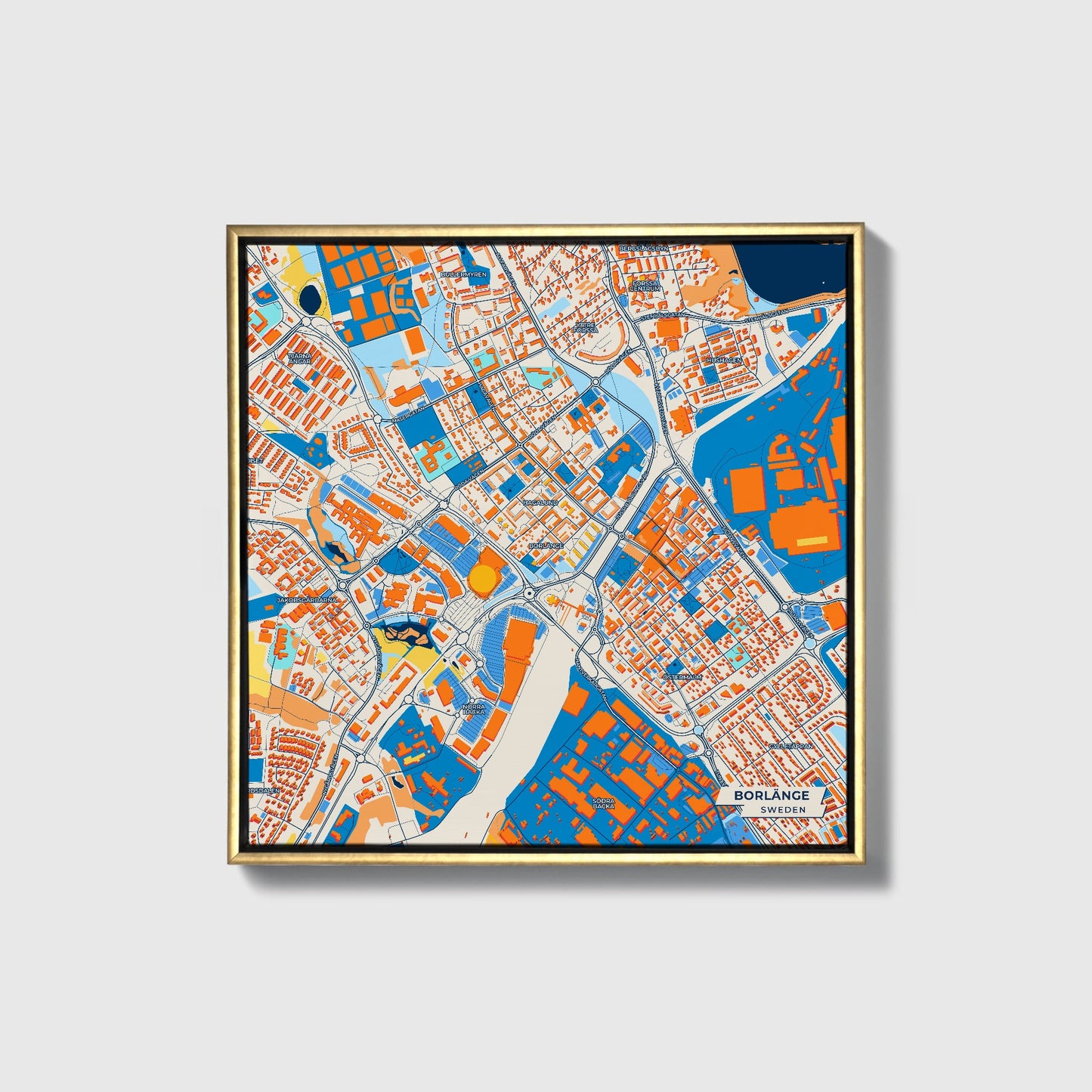 Borlänge Sweden Colorful City Map Canvas Print • Gold Framed