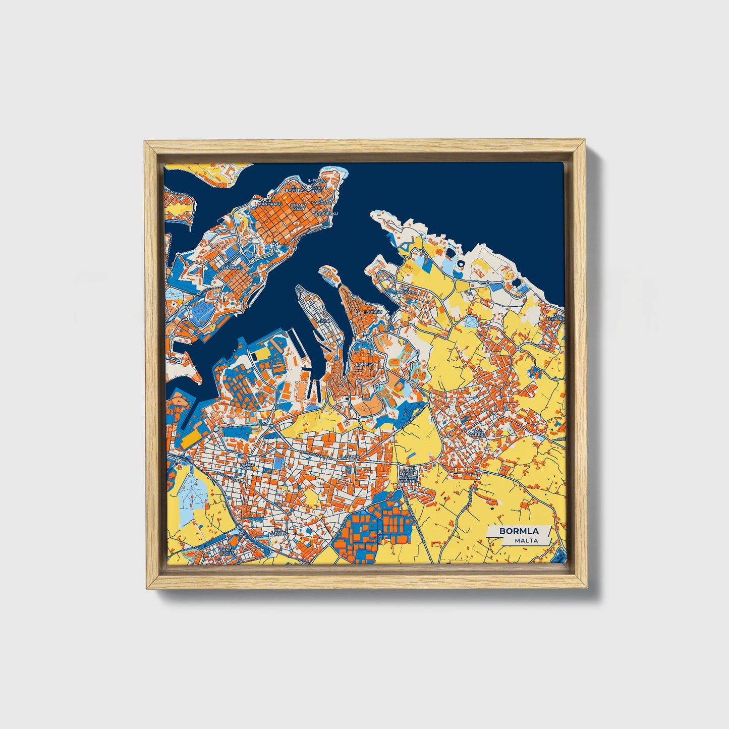 Bormla Malta Colorful City Map Canvas Print • Natural Wooden Framed