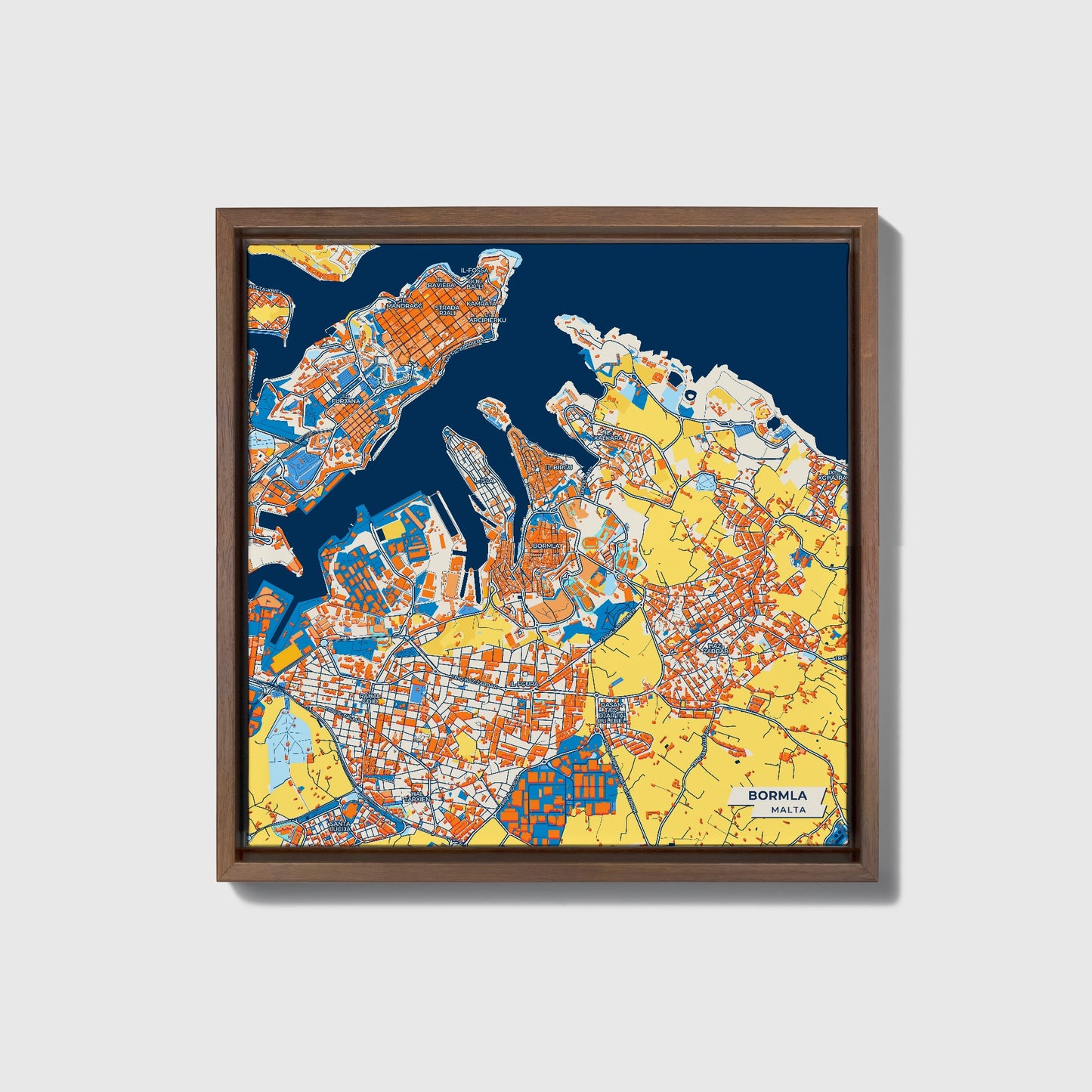 Bormla Malta Colorful City Map Canvas Print • Dark Wooden Framed