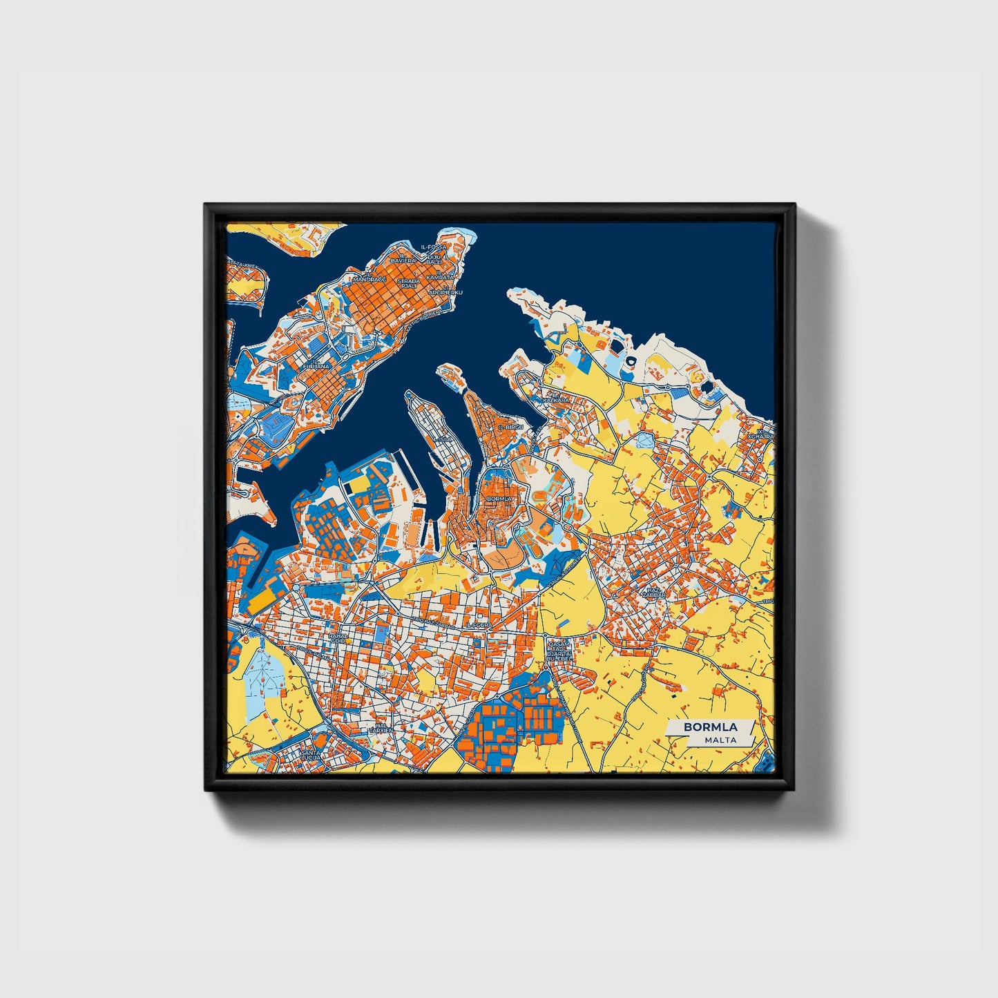 Bormla Malta Colorful City Map Canvas Print • Black Framed