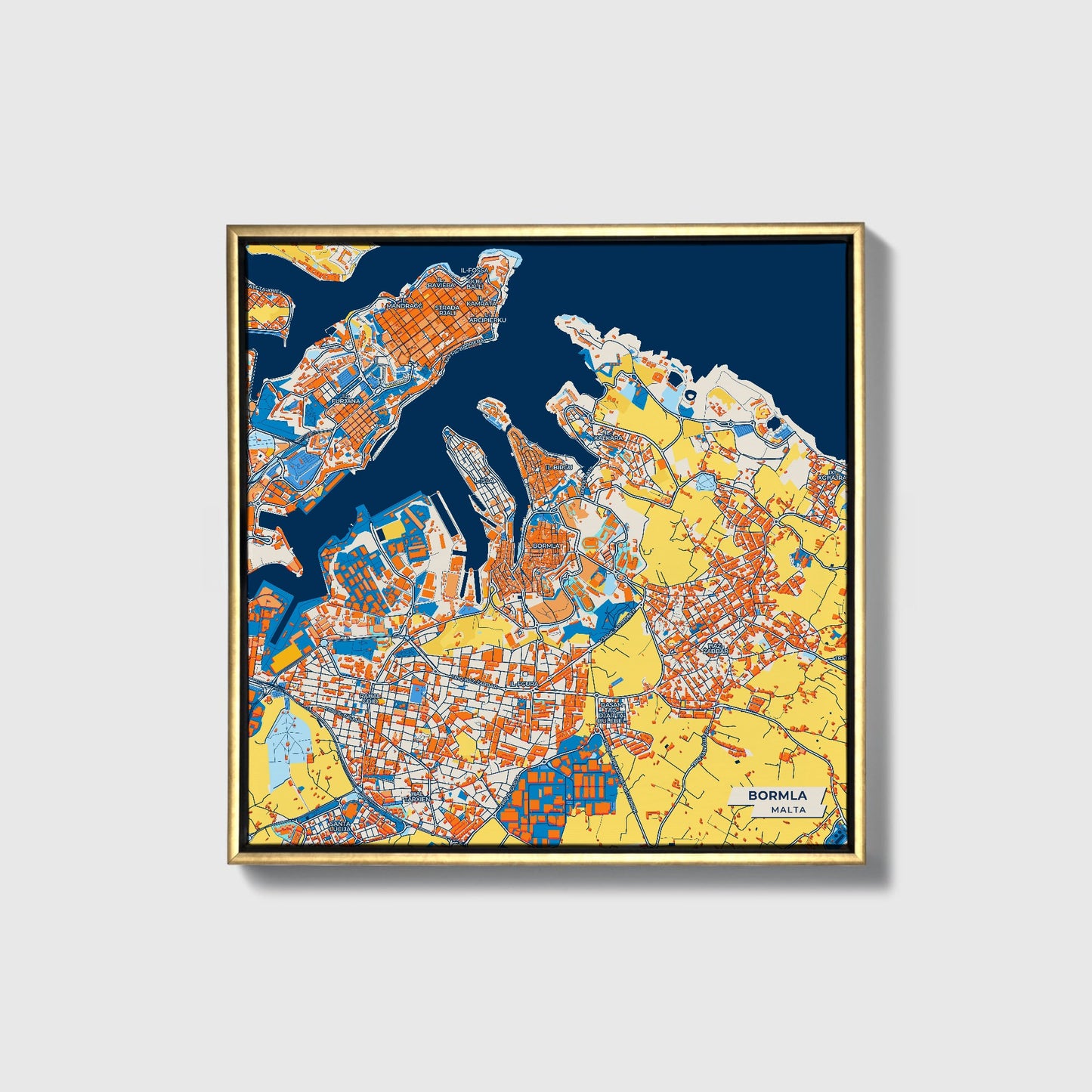 Bormla Malta Colorful City Map Canvas Print • Gold Framed