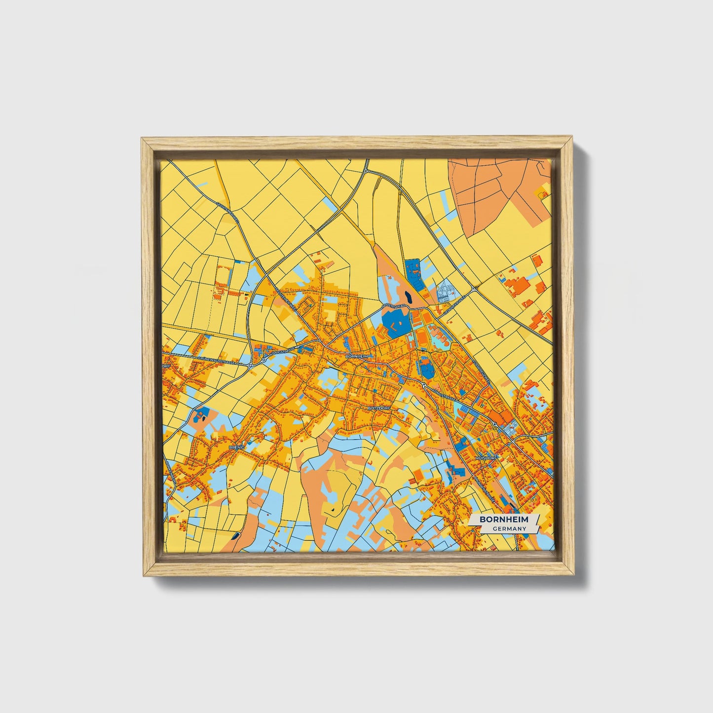 Bornheim Germany Colorful City Map Canvas Print • Natural Wooden Framed