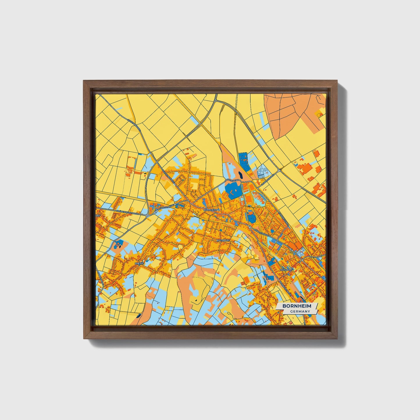 Bornheim Germany Colorful City Map Canvas Print • Dark Wooden Framed