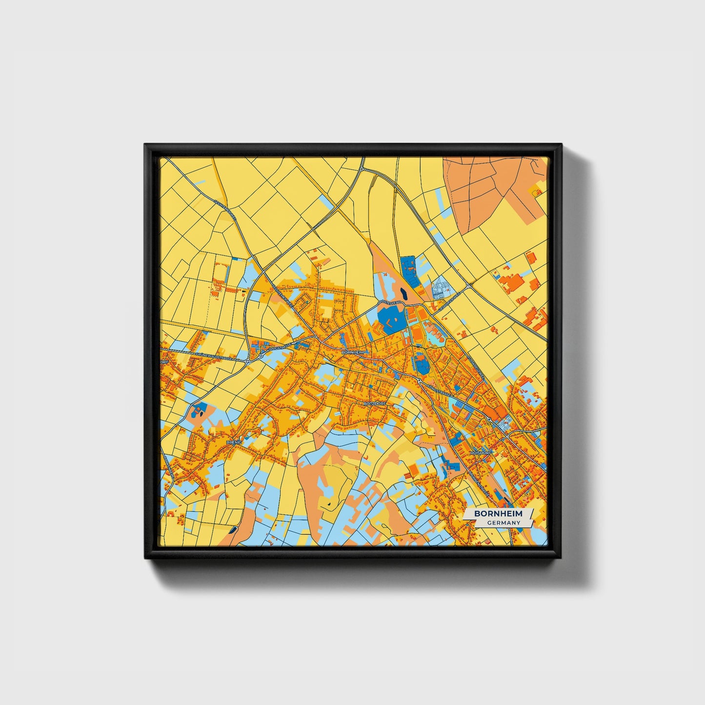 Bornheim Germany Colorful City Map Canvas Print • Black Framed