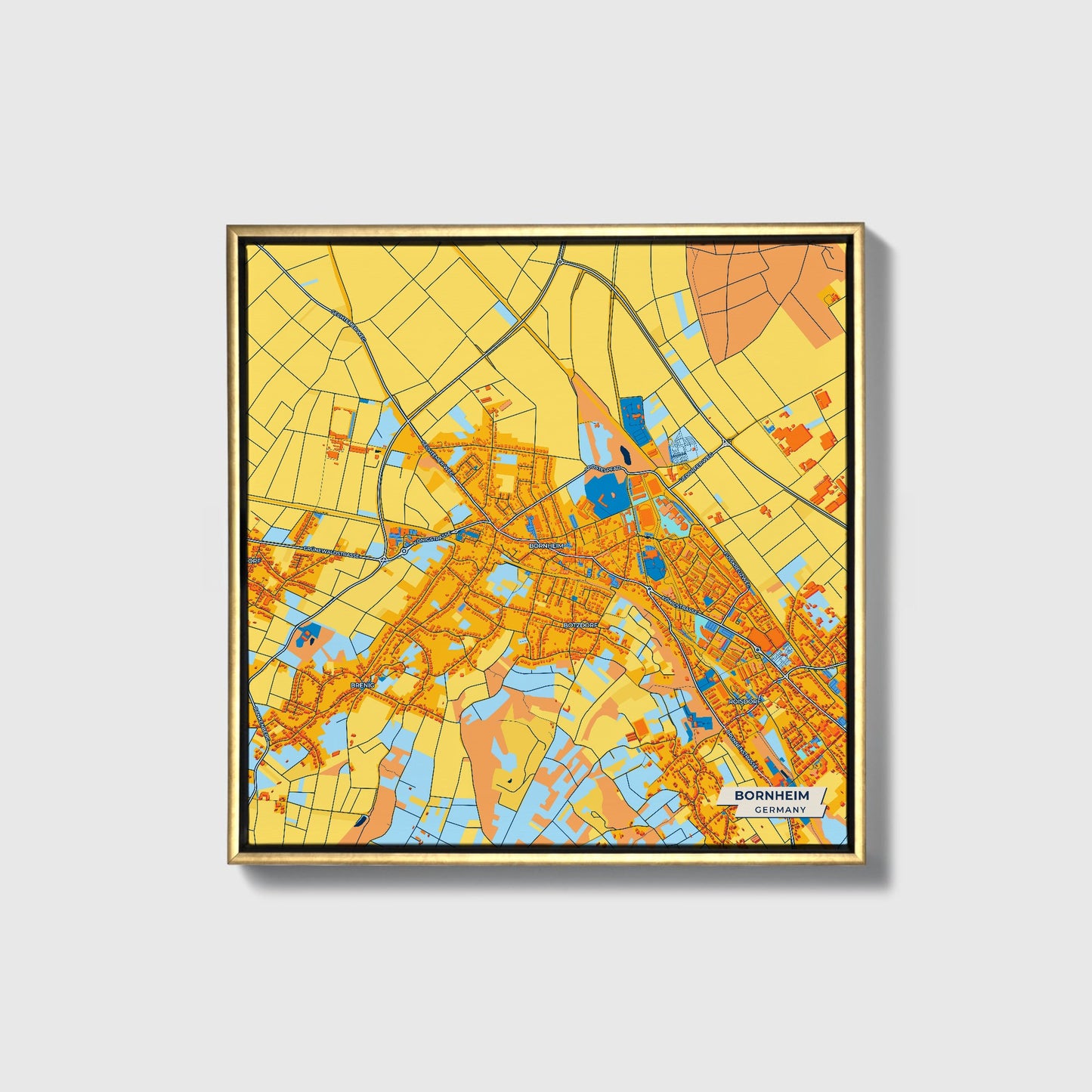 Bornheim Germany Colorful City Map Canvas Print • Gold Framed