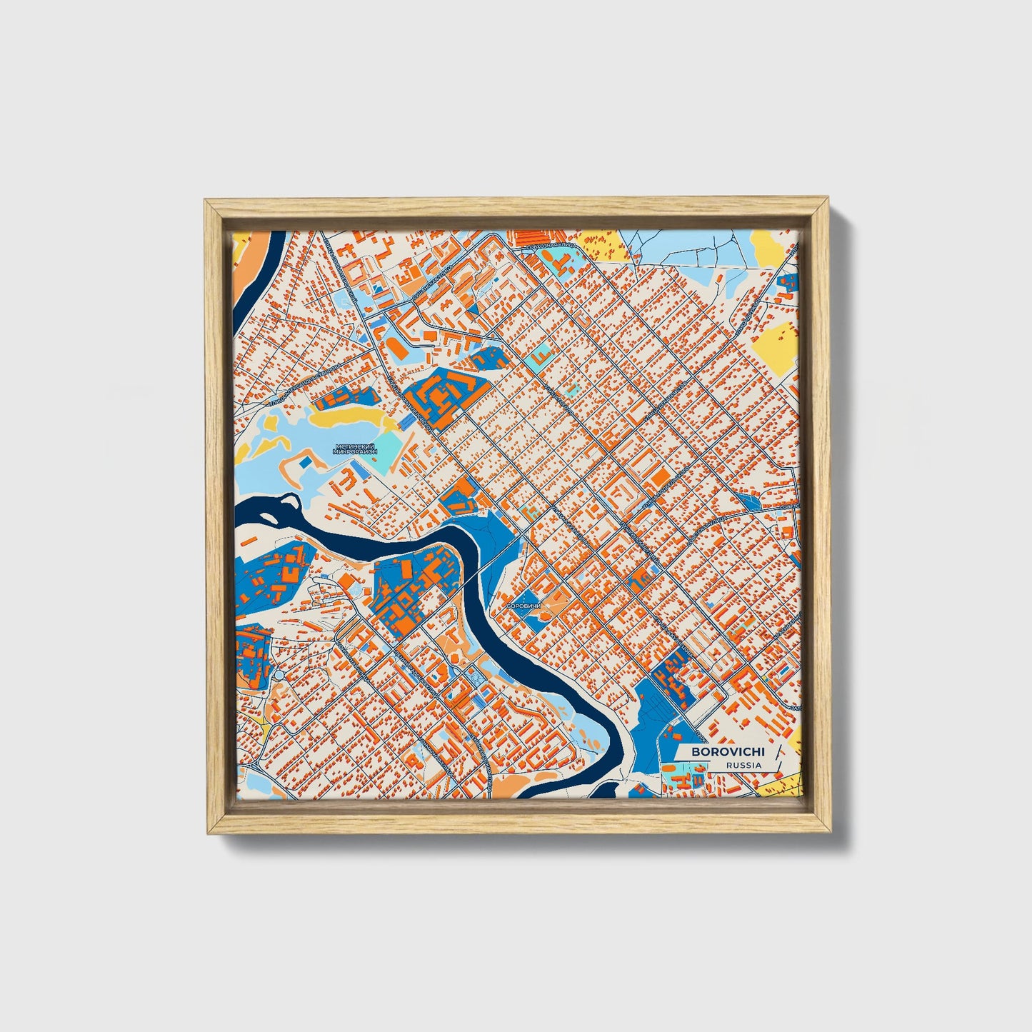 Боровичи Russia Colorful City Map Canvas Print • Natural Wooden Framed