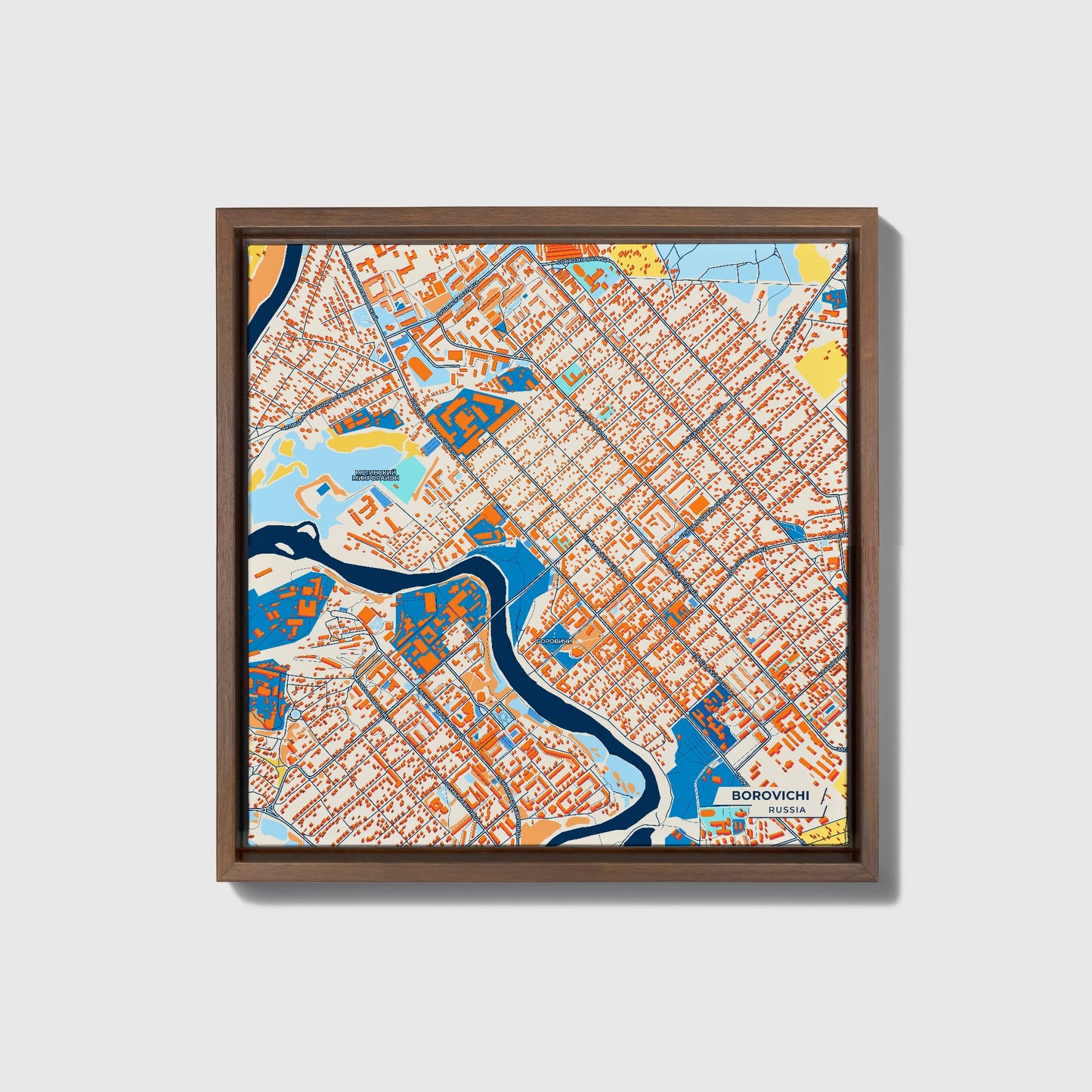 Боровичи Russia Colorful City Map Canvas Print • Dark Wooden Framed