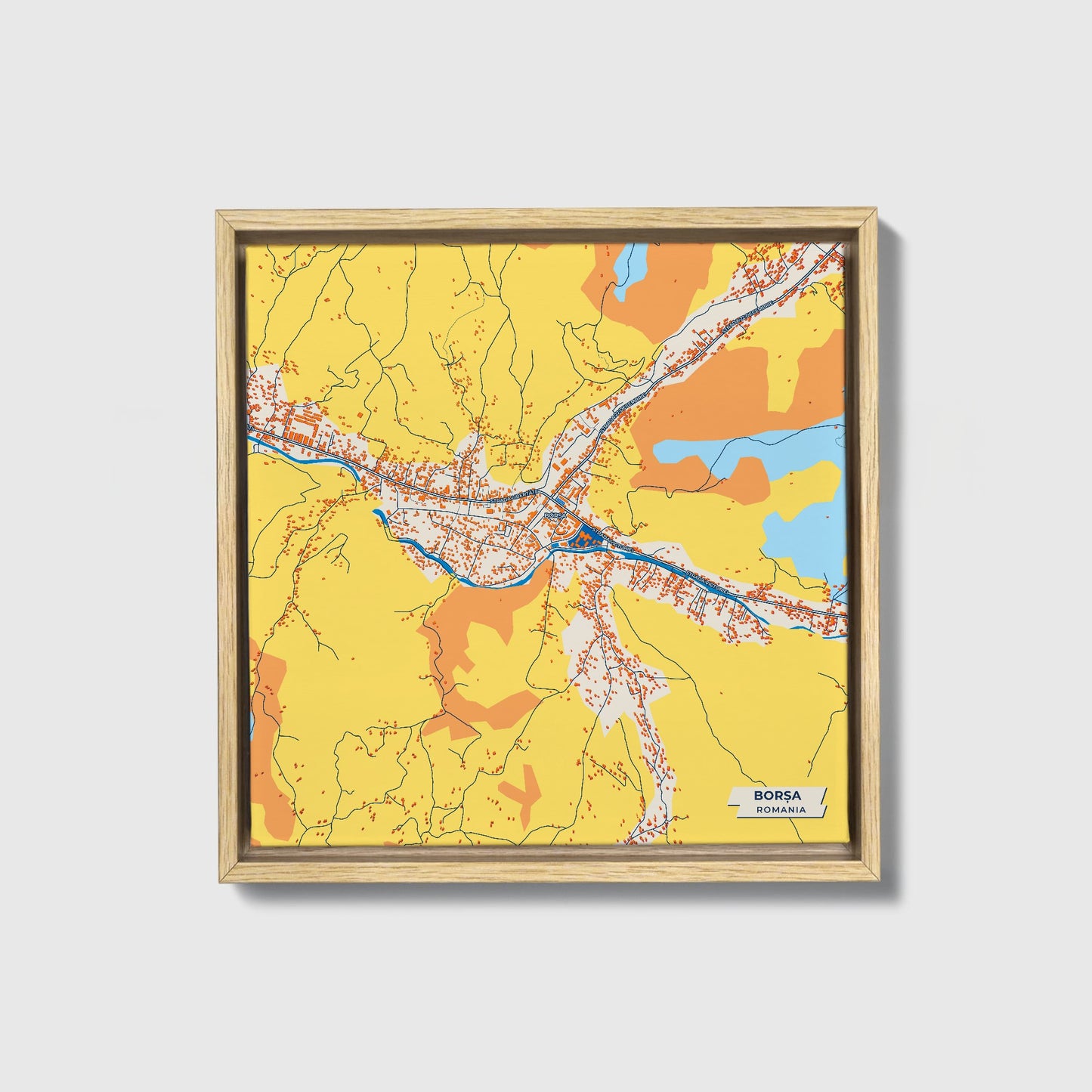 Borșa Romania Colorful City Map Canvas Print • Natural Wooden Framed