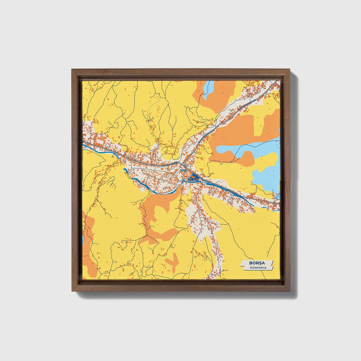 Borșa Romania Colorful City Map Canvas Print • Dark Wooden Framed