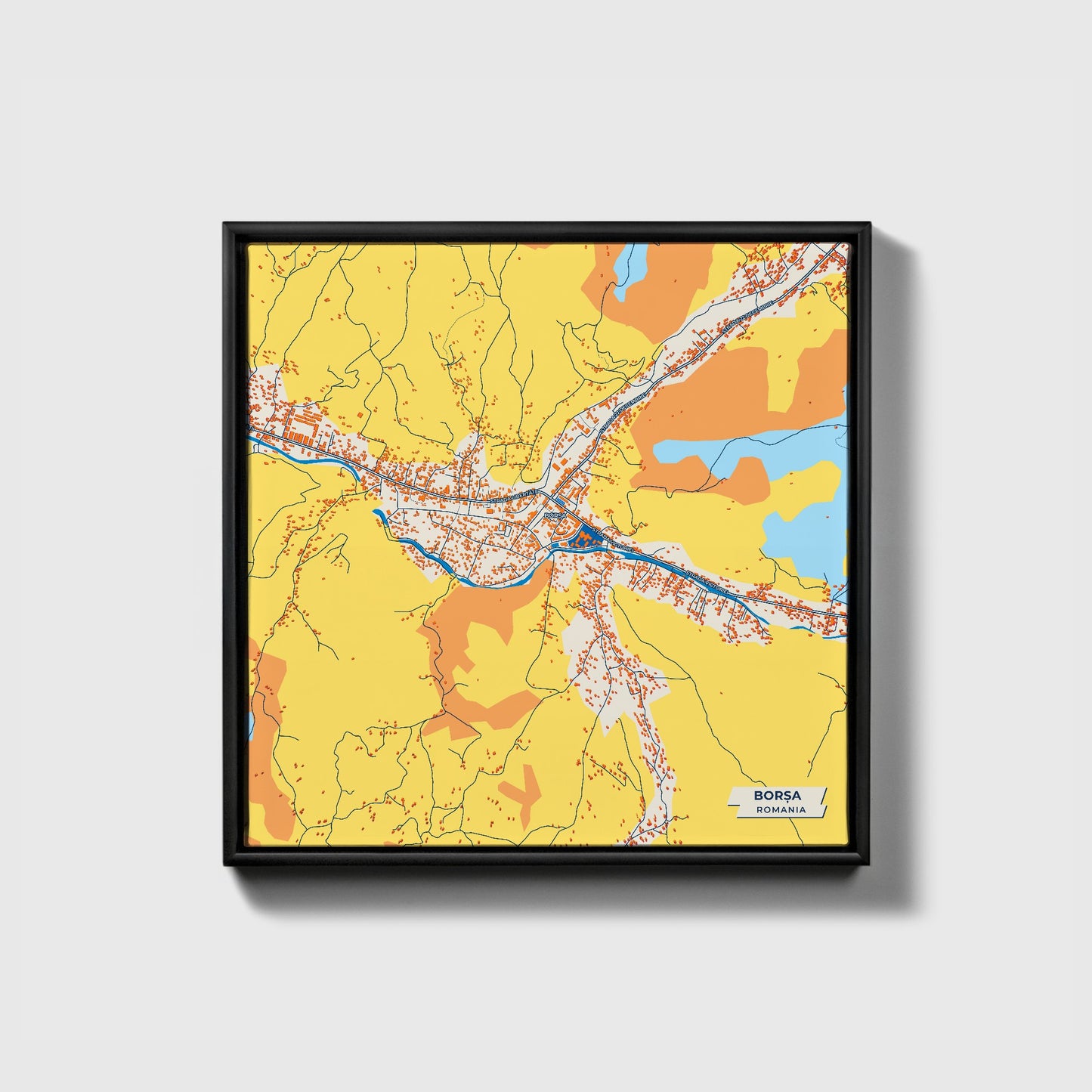 Borșa Romania Colorful City Map Canvas Print • Black Framed