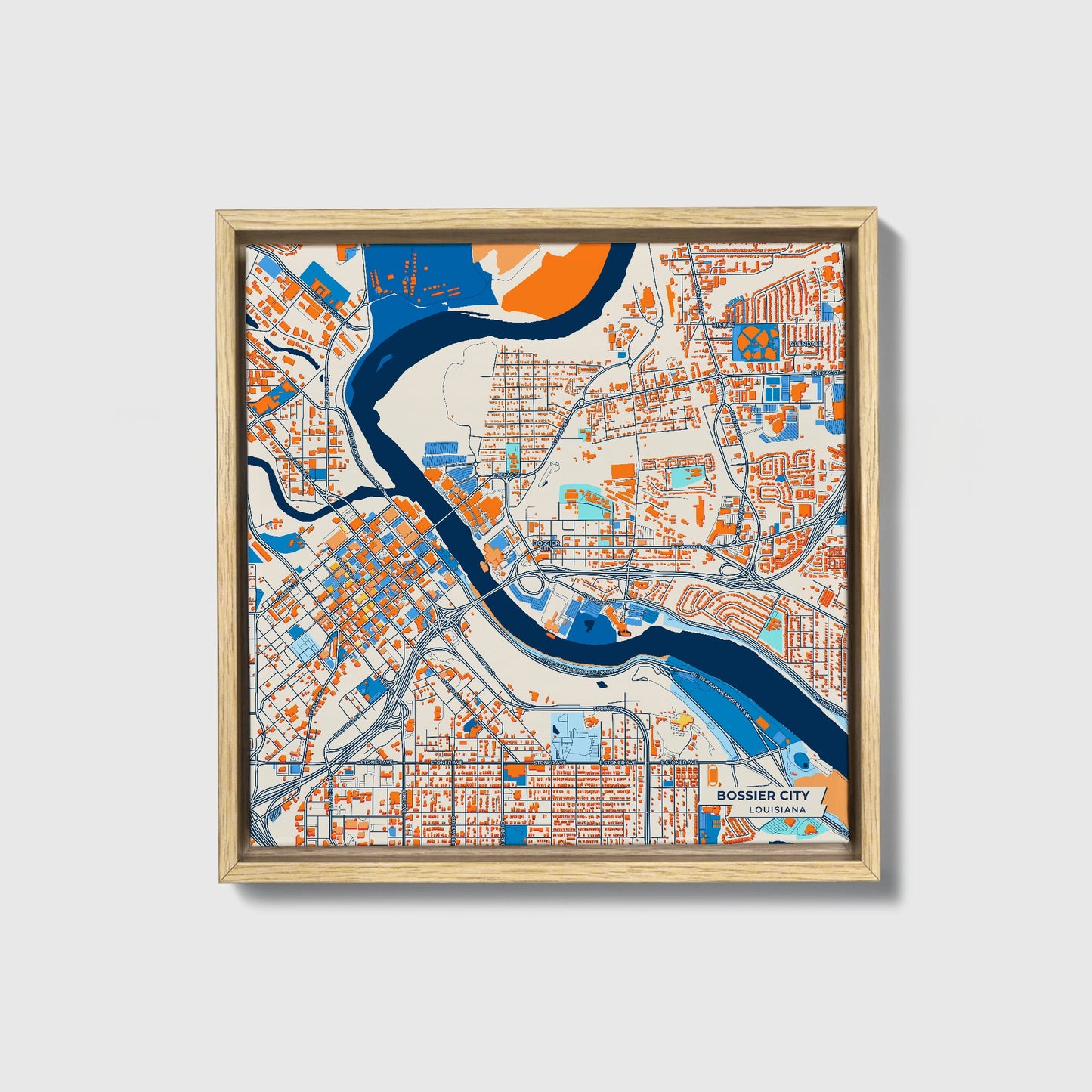 Bossier City Louisiana Colorful City Map Canvas Print • Natural Wooden Framed