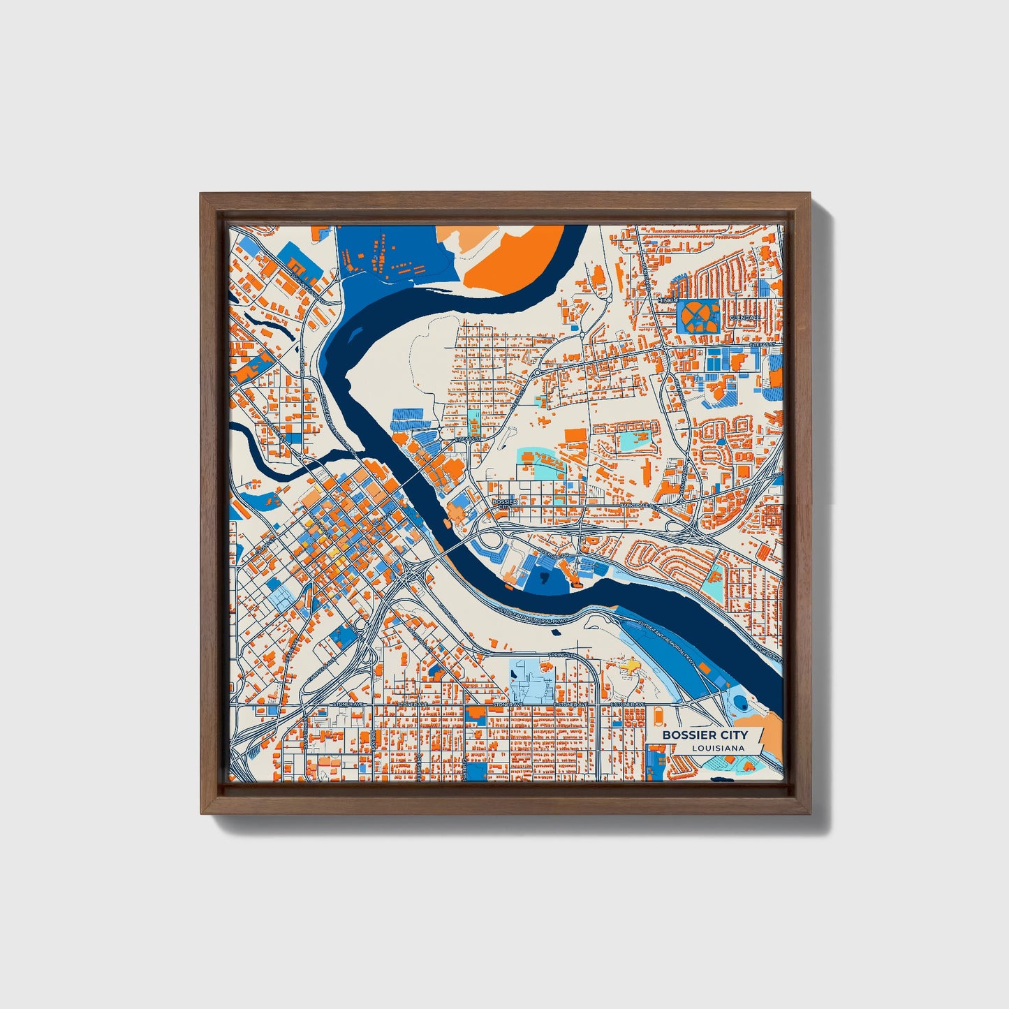 Bossier City Louisiana Colorful City Map Canvas Print • Dark Wooden Framed