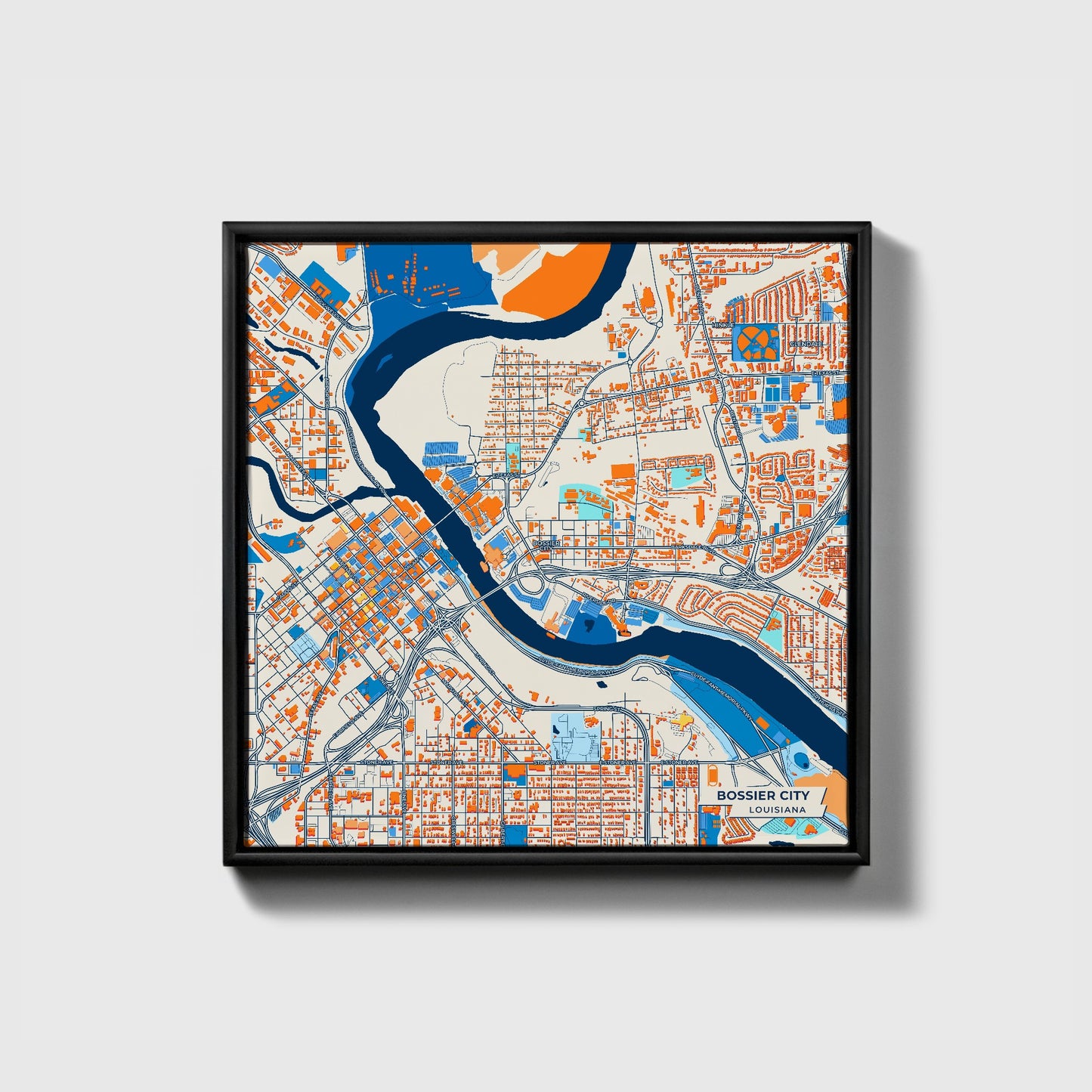 Bossier City Louisiana Colorful City Map Canvas Print • Black Framed