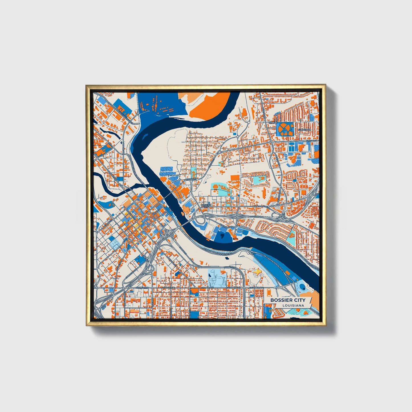 Bossier City Louisiana Colorful City Map Canvas Print • Gold Framed