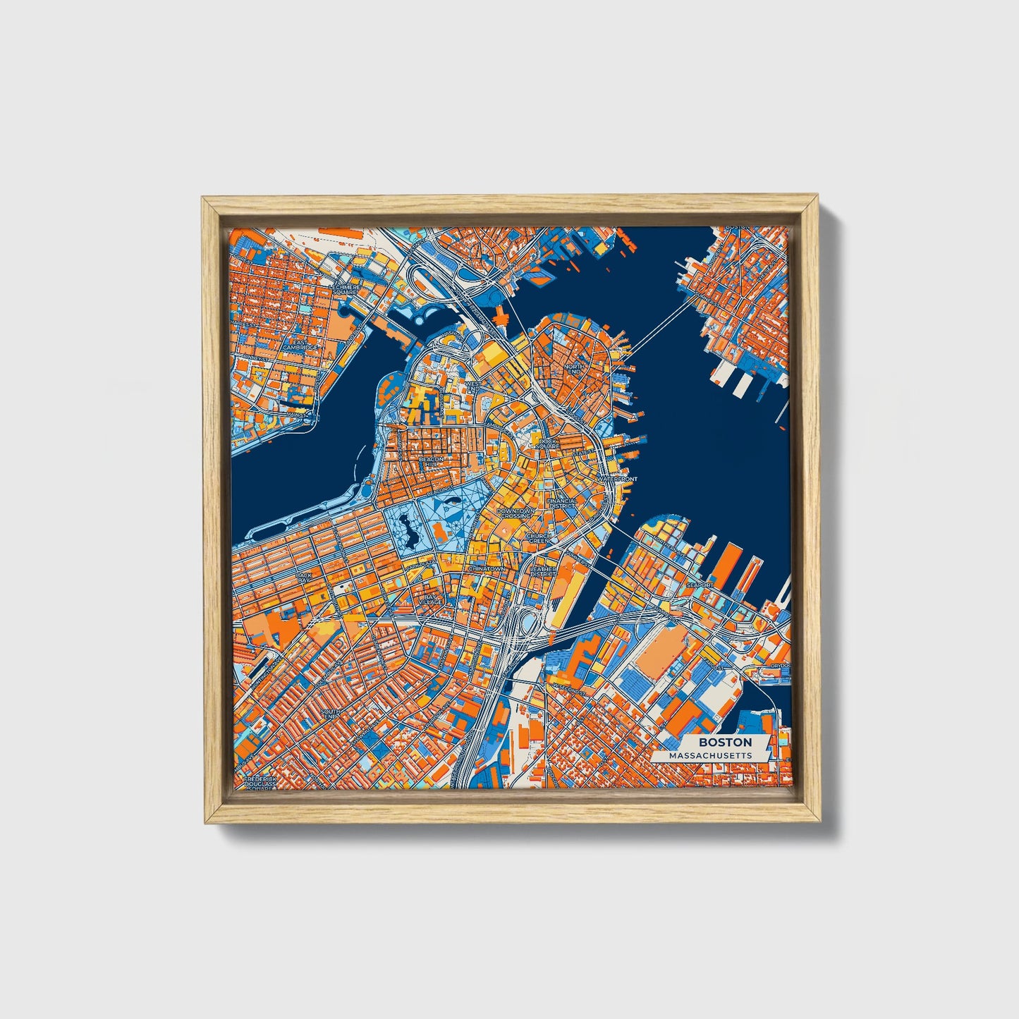 Boston Massachusetts Colorful City Map Canvas Print • Natural Wooden Framed