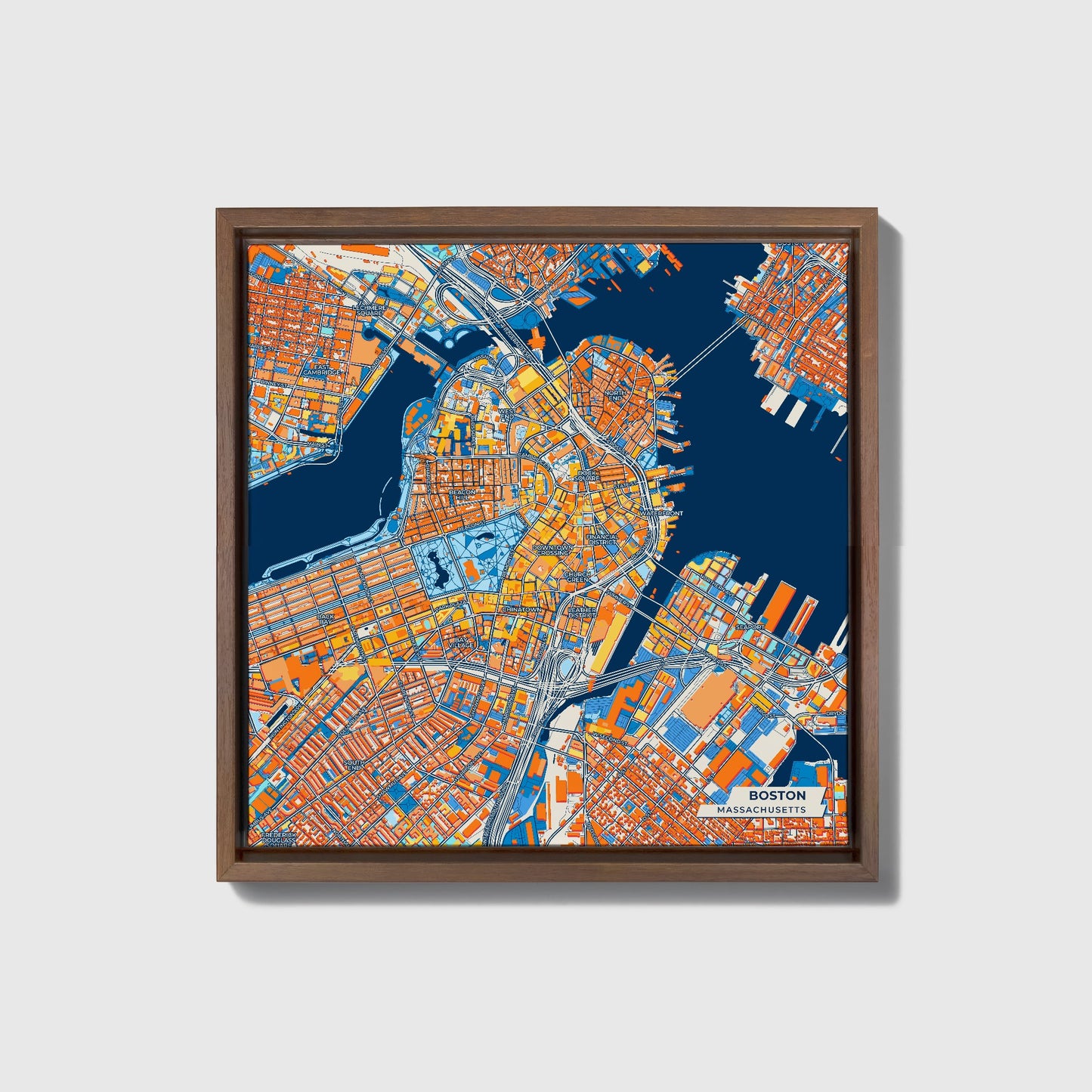 Boston Massachusetts Colorful City Map Canvas Print • Dark Wooden Framed