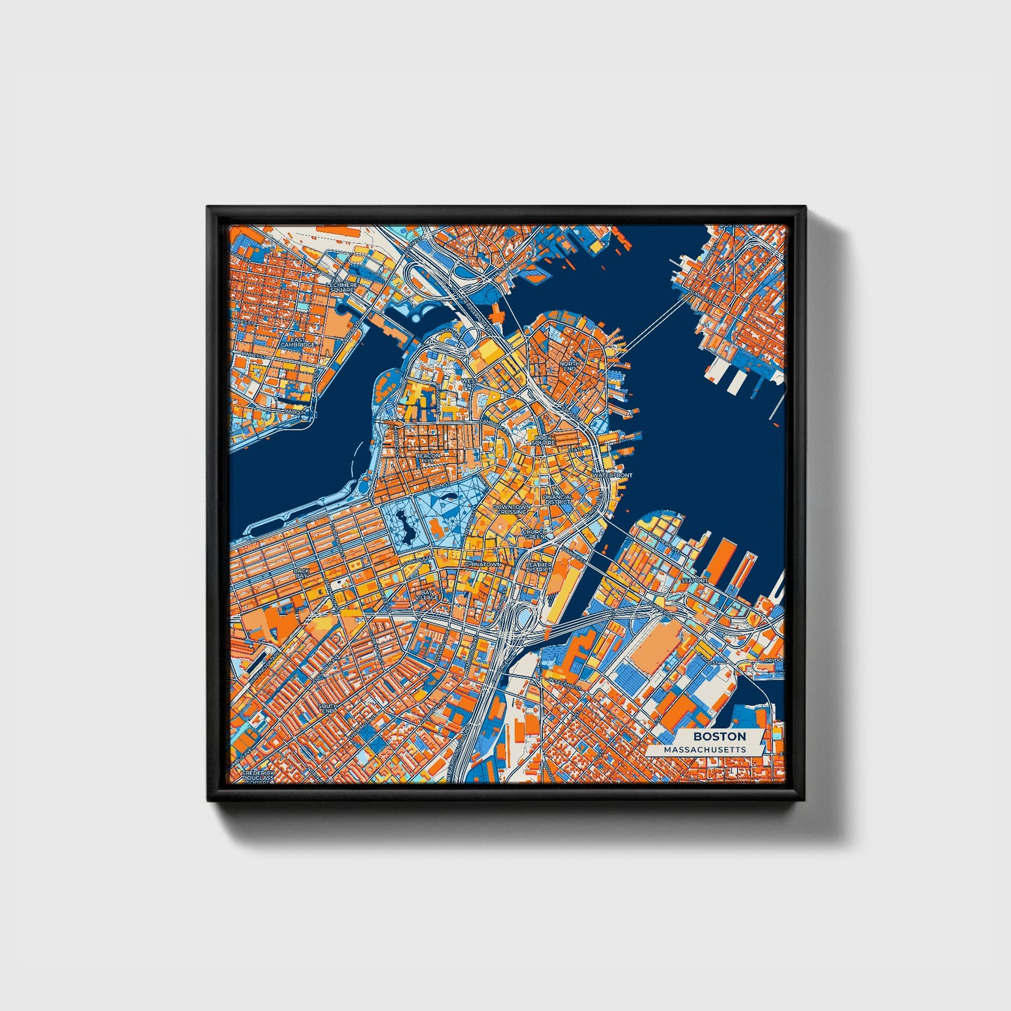 Boston Massachusetts Colorful City Map Canvas Print • Black Framed