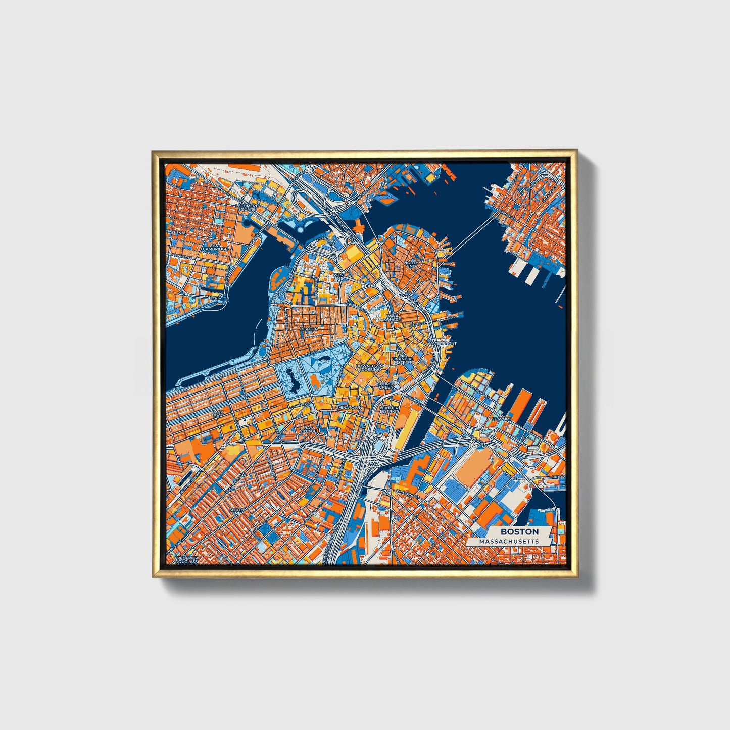Boston Massachusetts Colorful City Map Canvas Print • Gold Framed