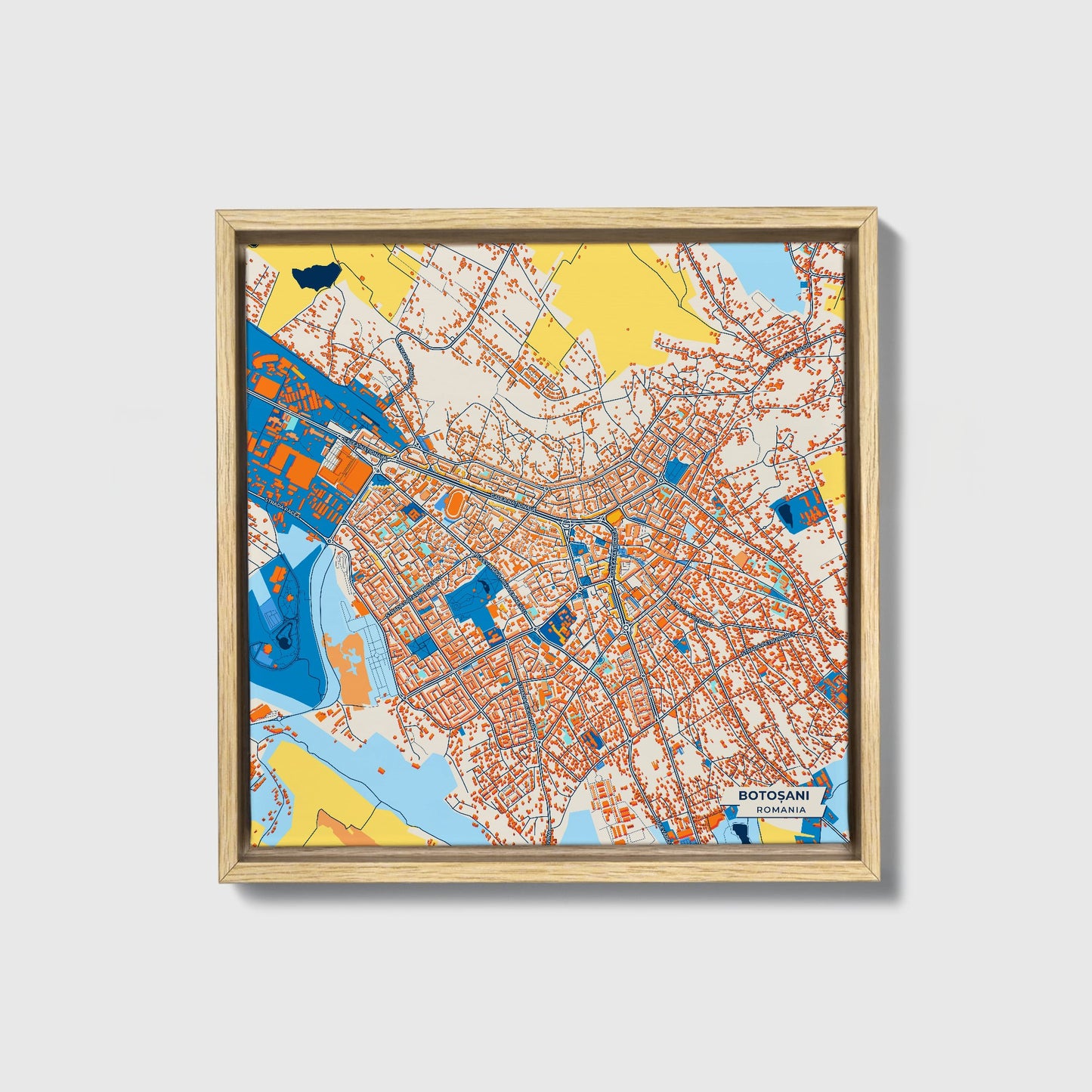 Botoșani Romania Colorful City Map Canvas Print • Natural Wooden Framed