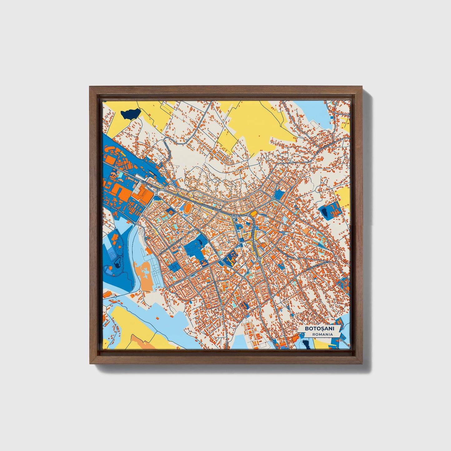 Botoșani Romania Colorful City Map Canvas Print • Dark Wooden Framed