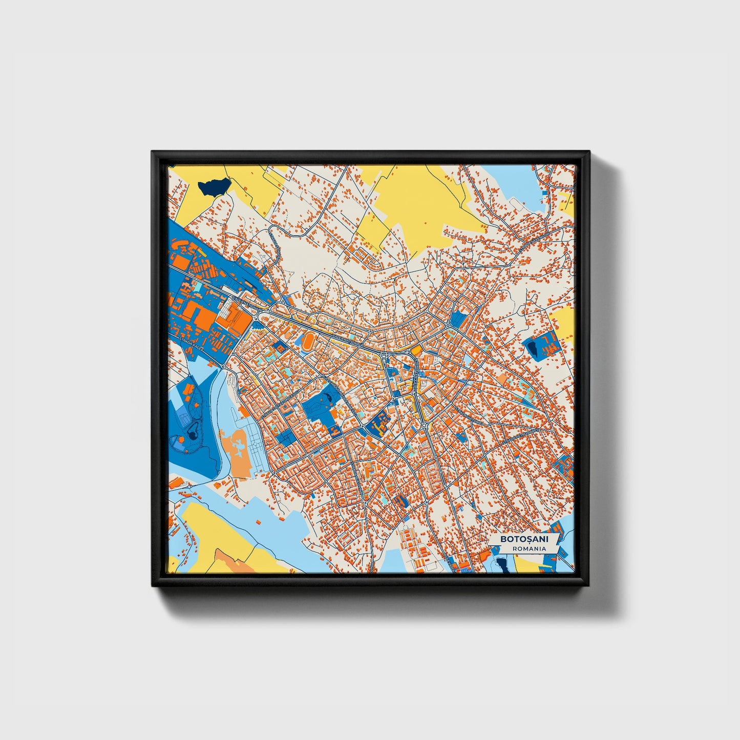 Botoșani Romania Colorful City Map Canvas Print • Black Framed
