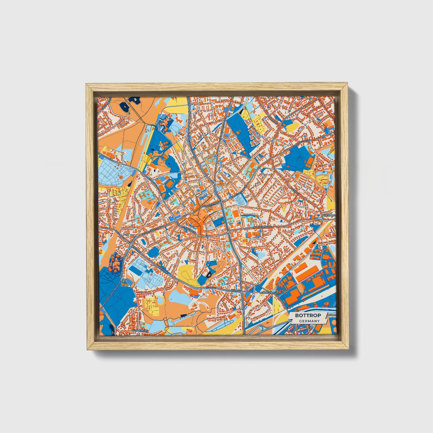 Bottrop Germany Colorful City Map Canvas Print • Natural Wooden Framed