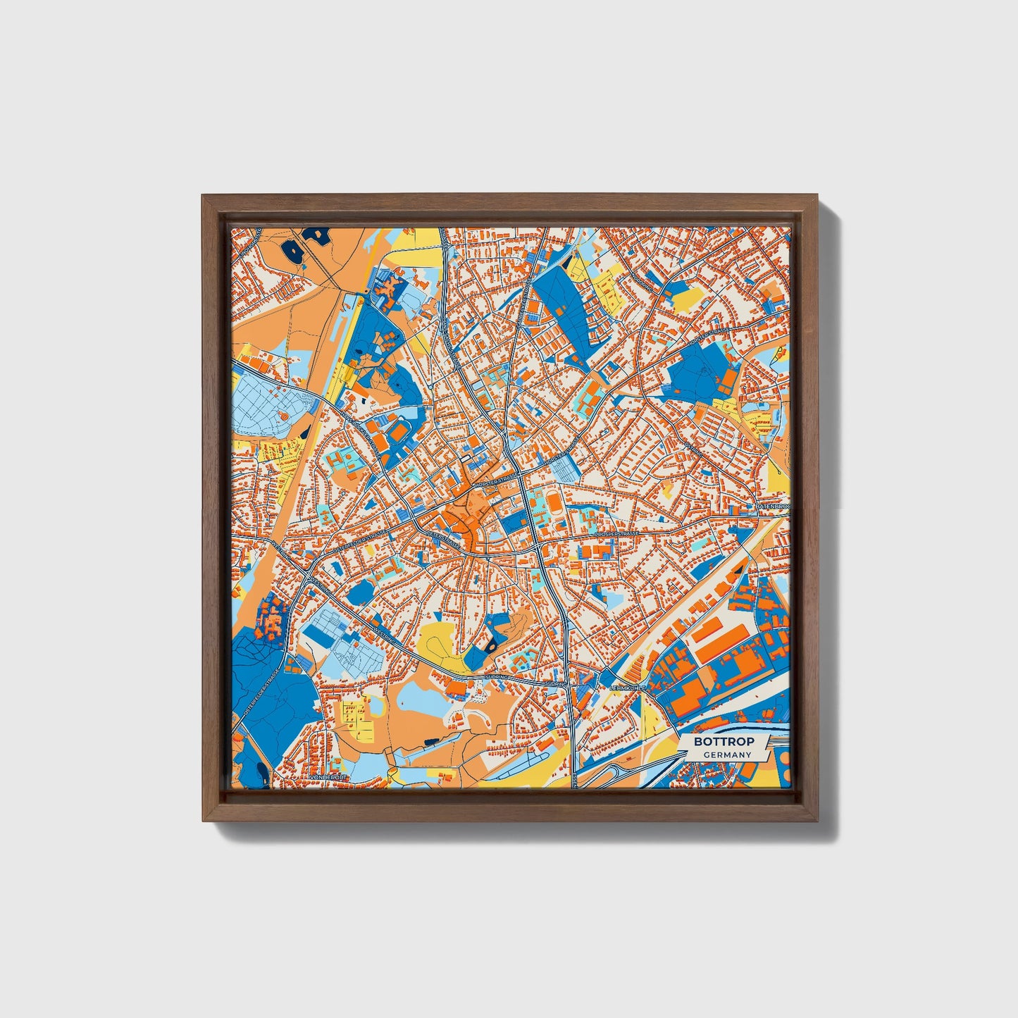 Bottrop Germany Colorful City Map Canvas Print • Dark Wooden Framed