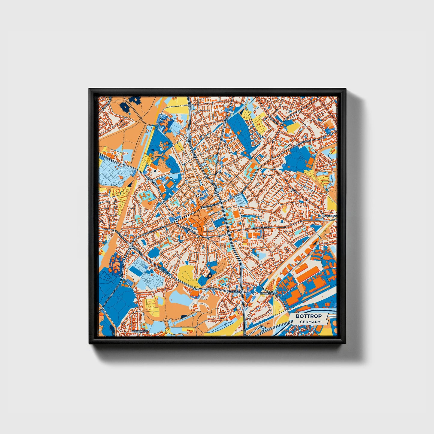 Bottrop Germany Colorful City Map Canvas Print • Black Framed
