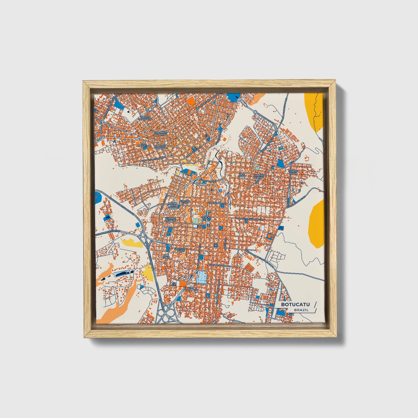 Botucatu Brazil Colorful City Map Canvas Print • Natural Wooden Framed