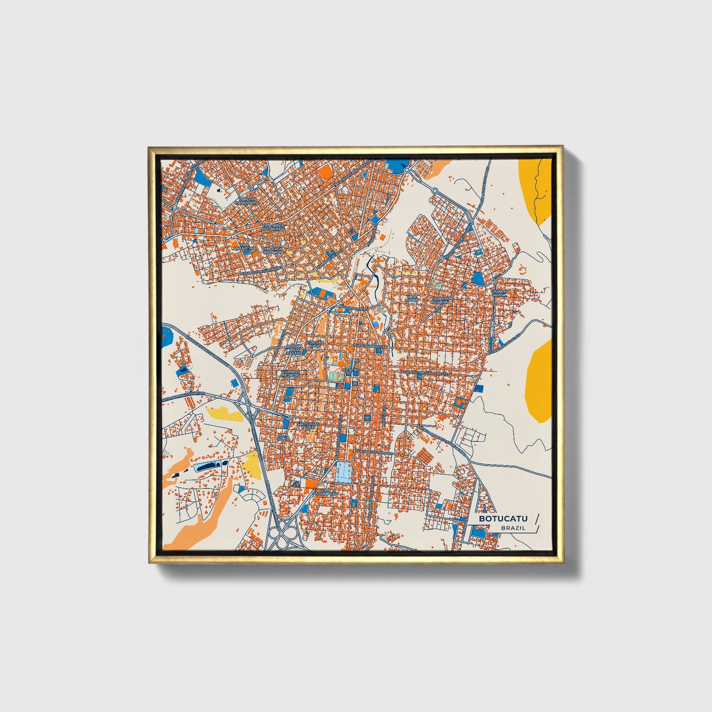 Botucatu Brazil Colorful City Map Canvas Print • Gold Framed