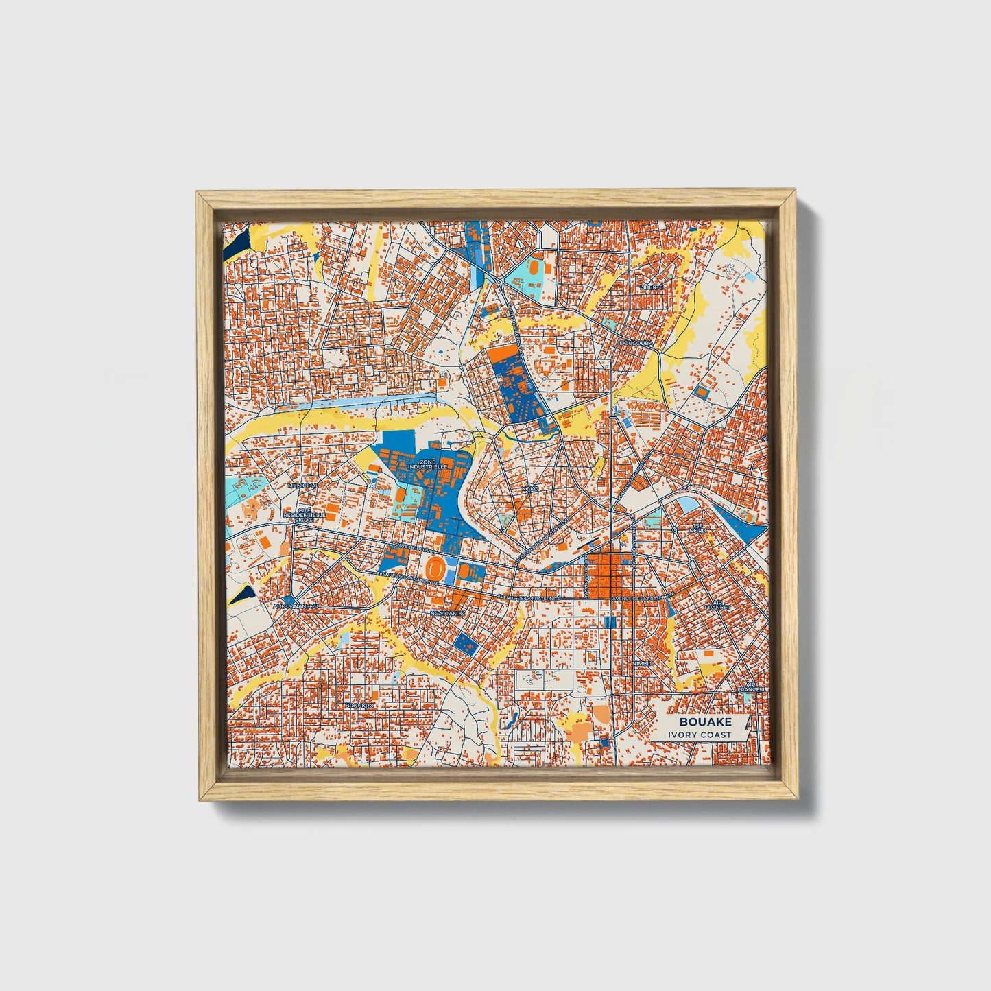 Bouake Ivory Coast Colorful City Map Canvas Print • Natural Wooden Framed