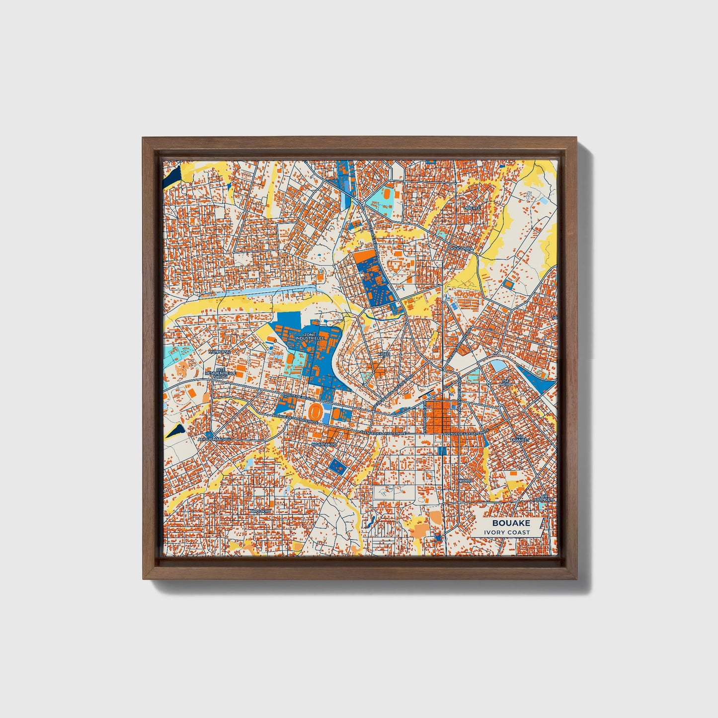 Bouake Ivory Coast Colorful City Map Canvas Print • Dark Wooden Framed