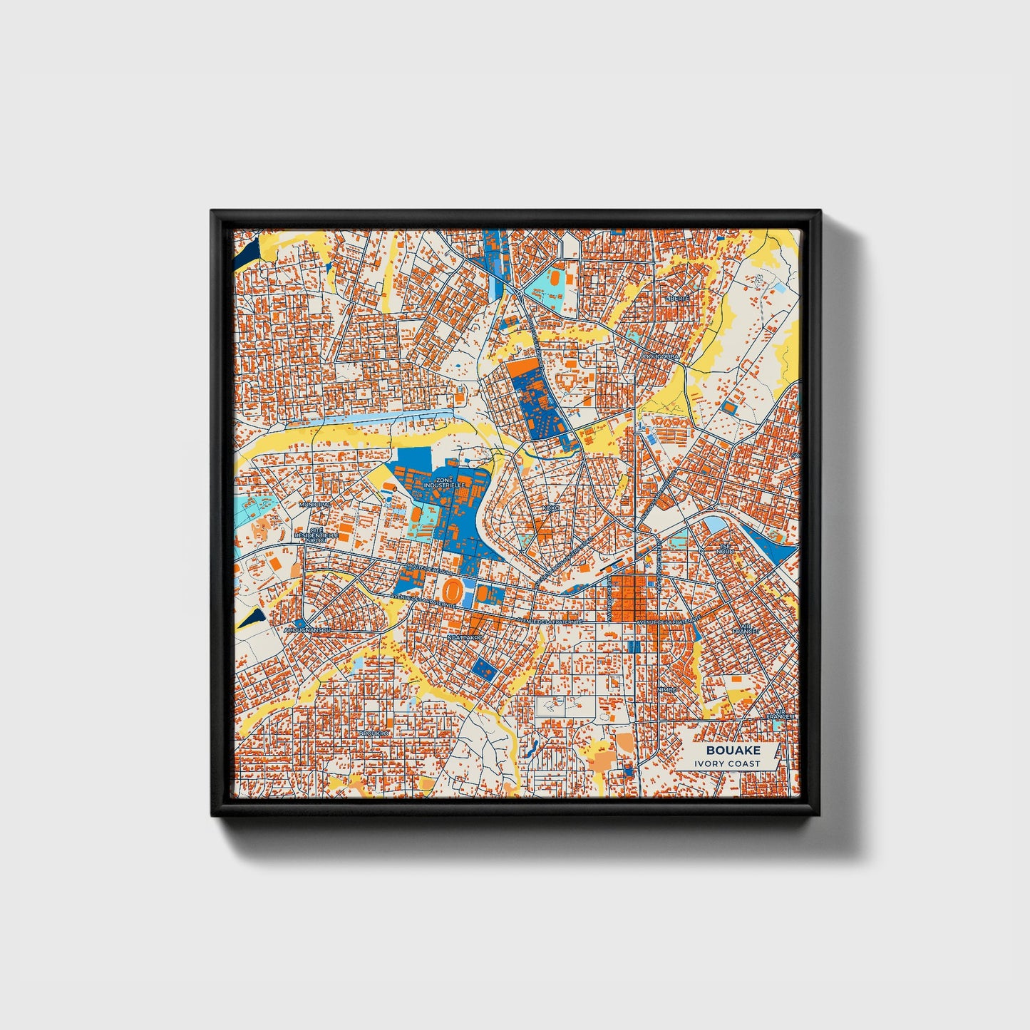 Bouake Ivory Coast Colorful City Map Canvas Print • Black Framed