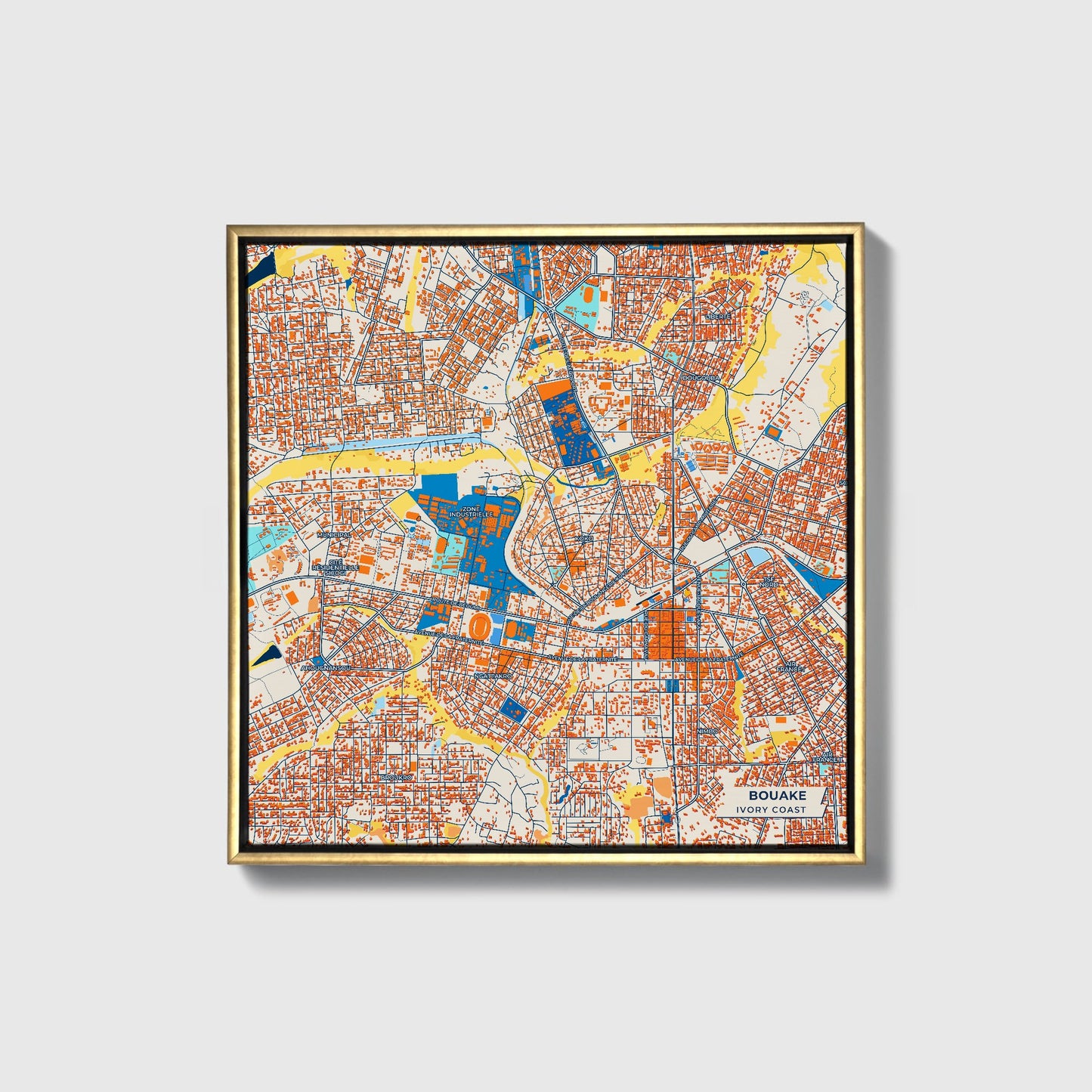 Bouake Ivory Coast Colorful City Map Canvas Print • Gold Framed