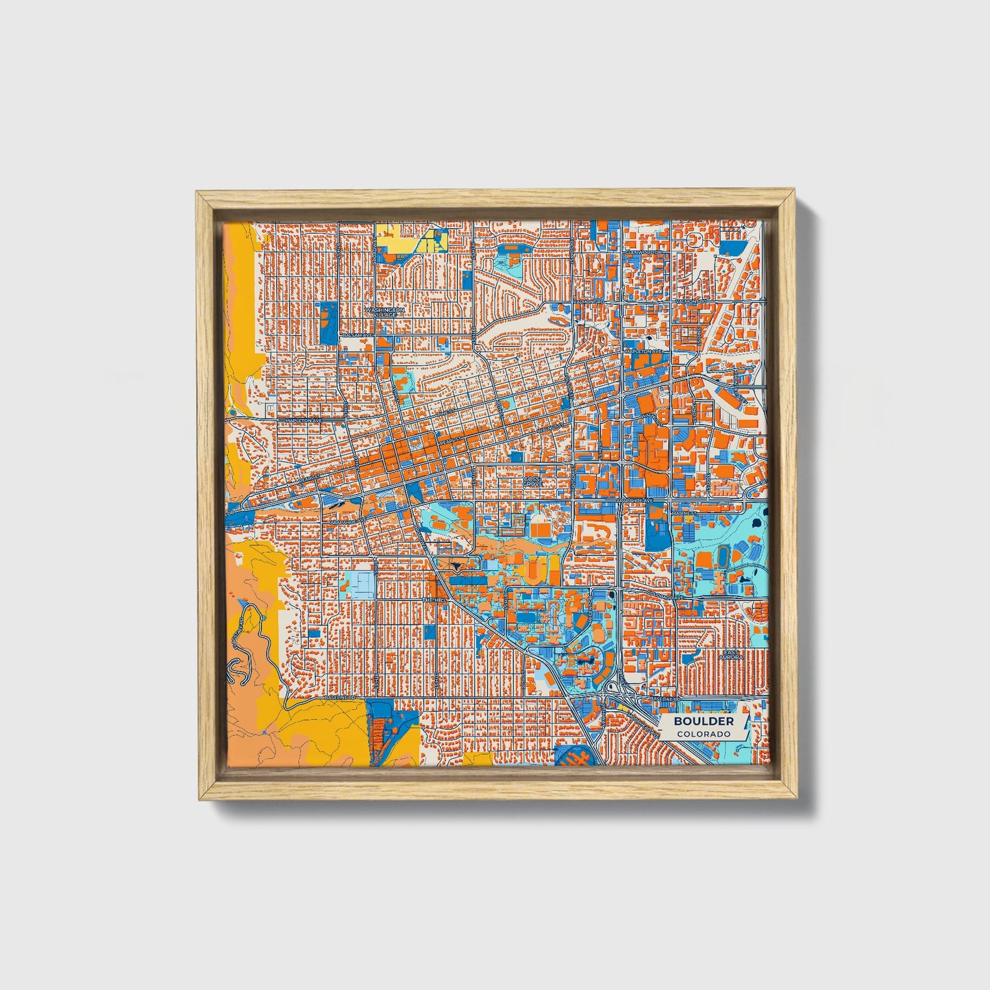 Boulder Colorado Colorful City Map Canvas Print • Natural Wooden Framed