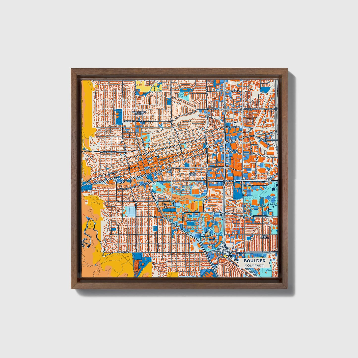 Boulder Colorado Colorful City Map Canvas Print • Dark Wooden Framed