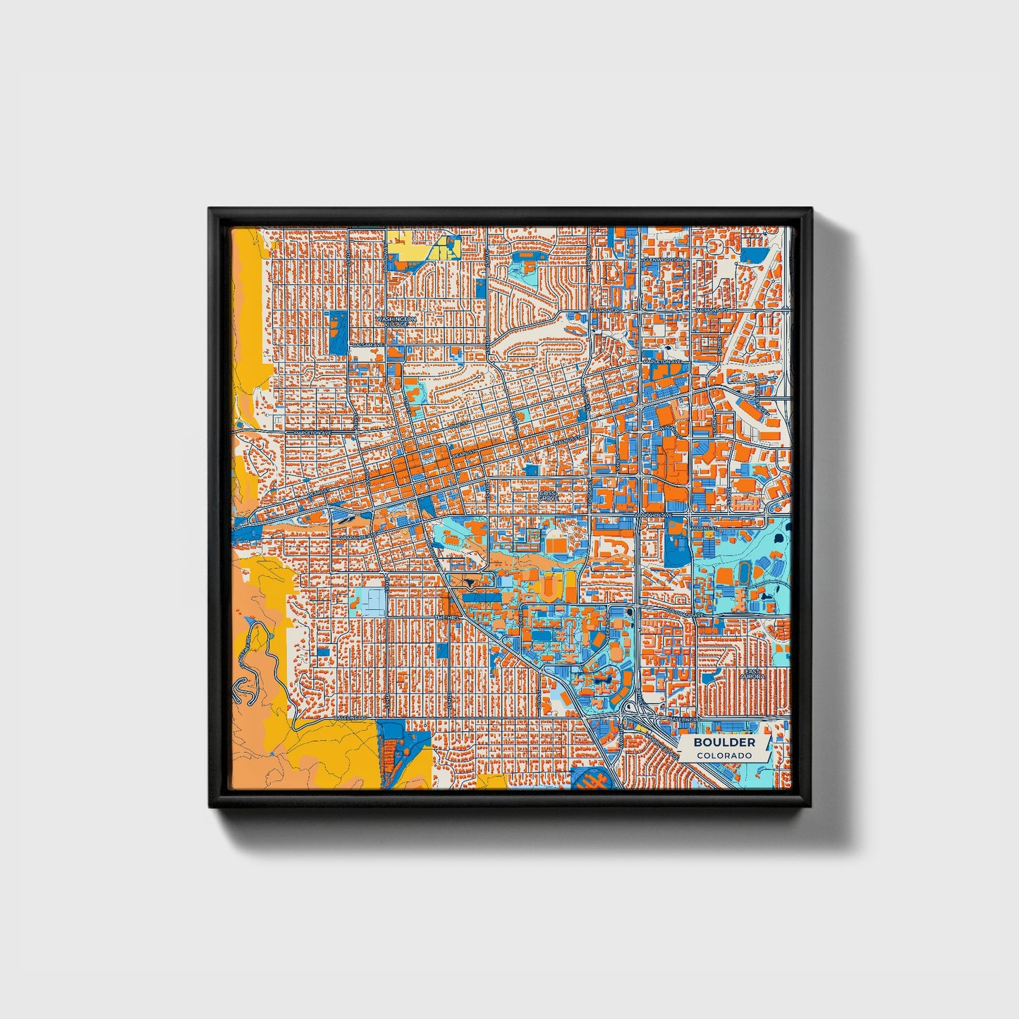 Boulder Colorado Colorful City Map Canvas Print • Black Framed