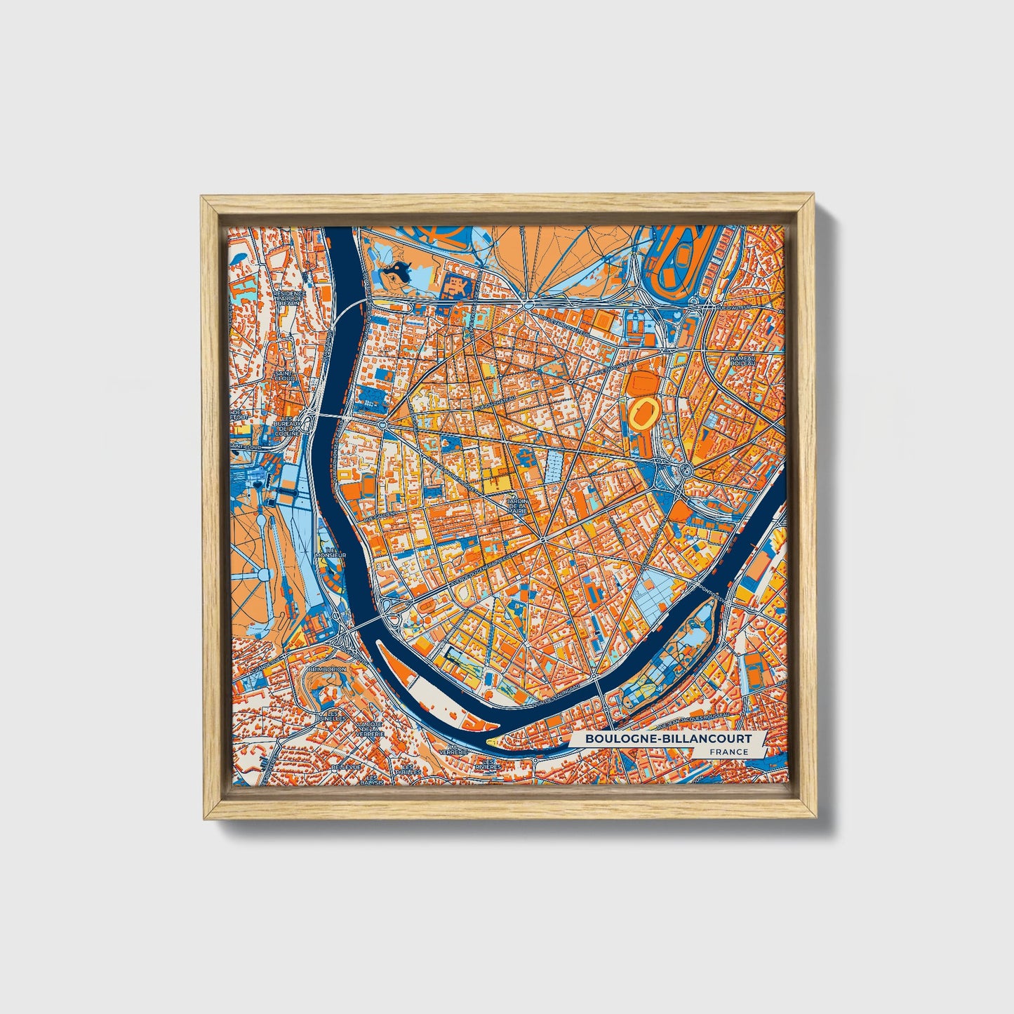 Boulogne-Billancourt France Colorful City Map Canvas Print • Natural Wooden Framed