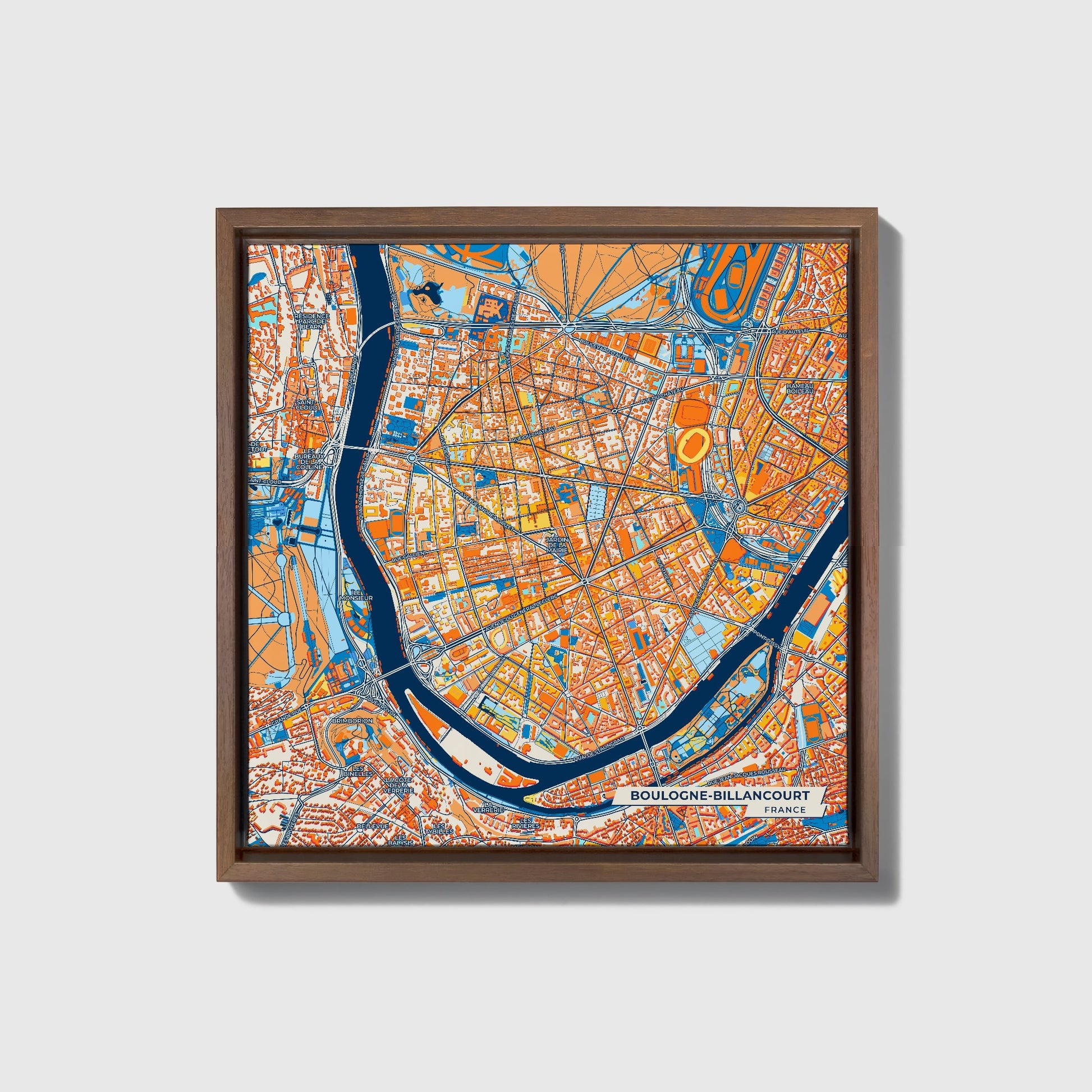 Boulogne-Billancourt France Colorful City Map Canvas Print • Dark Wooden Framed